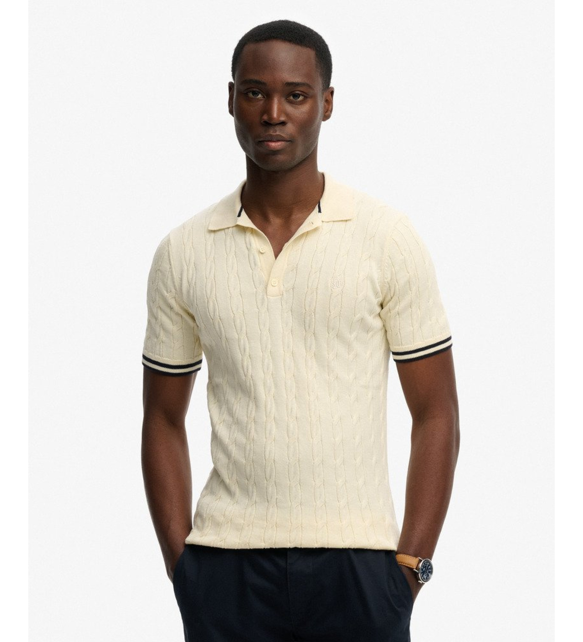 Superdry Herren Kurzärmeliges Strick-polohemd mit Struktur Cream - Größe: L