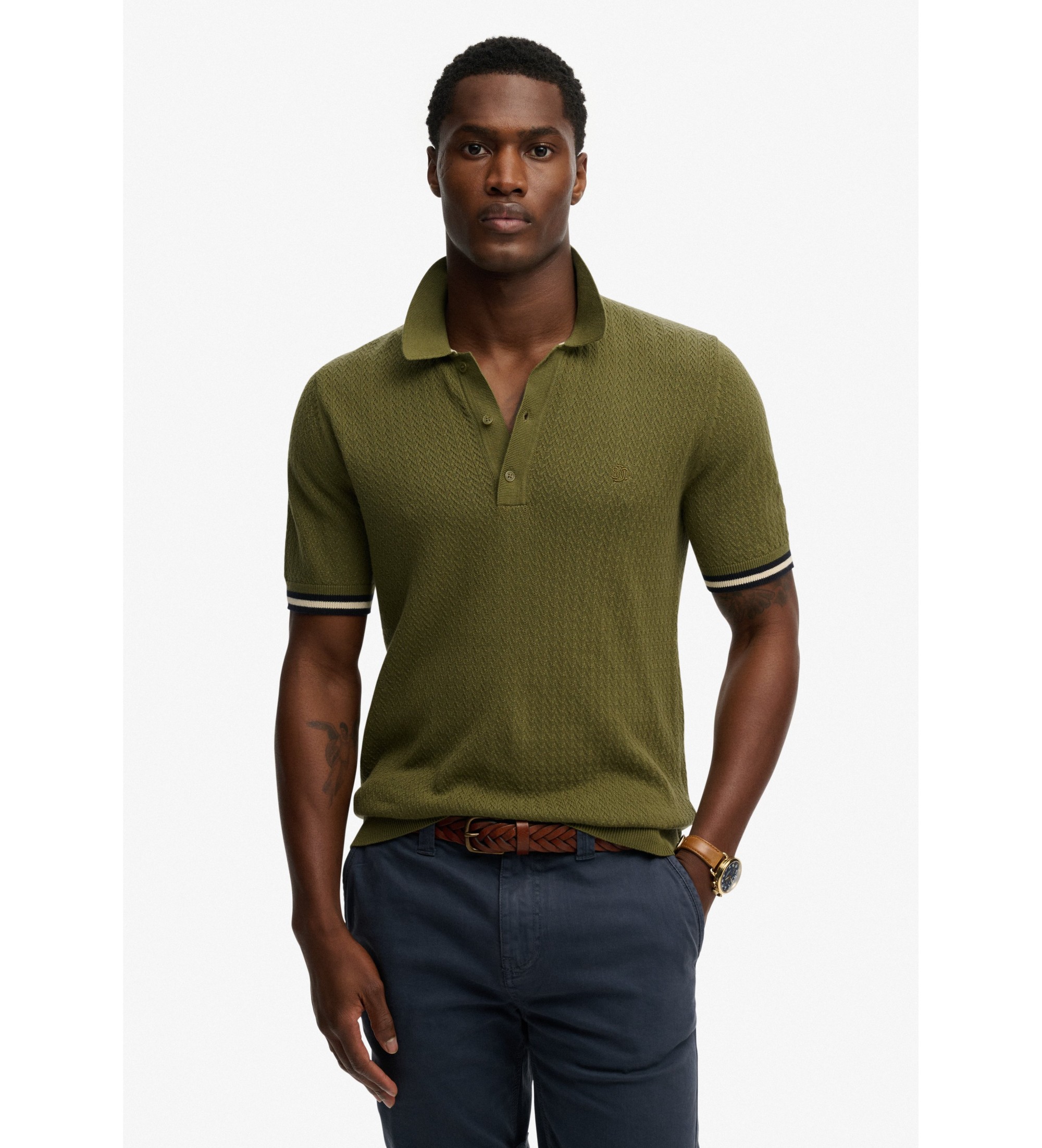 Superdry Herren Kurzärmeliges Strick-polohemd mit Struktur Khaki - Größe: S