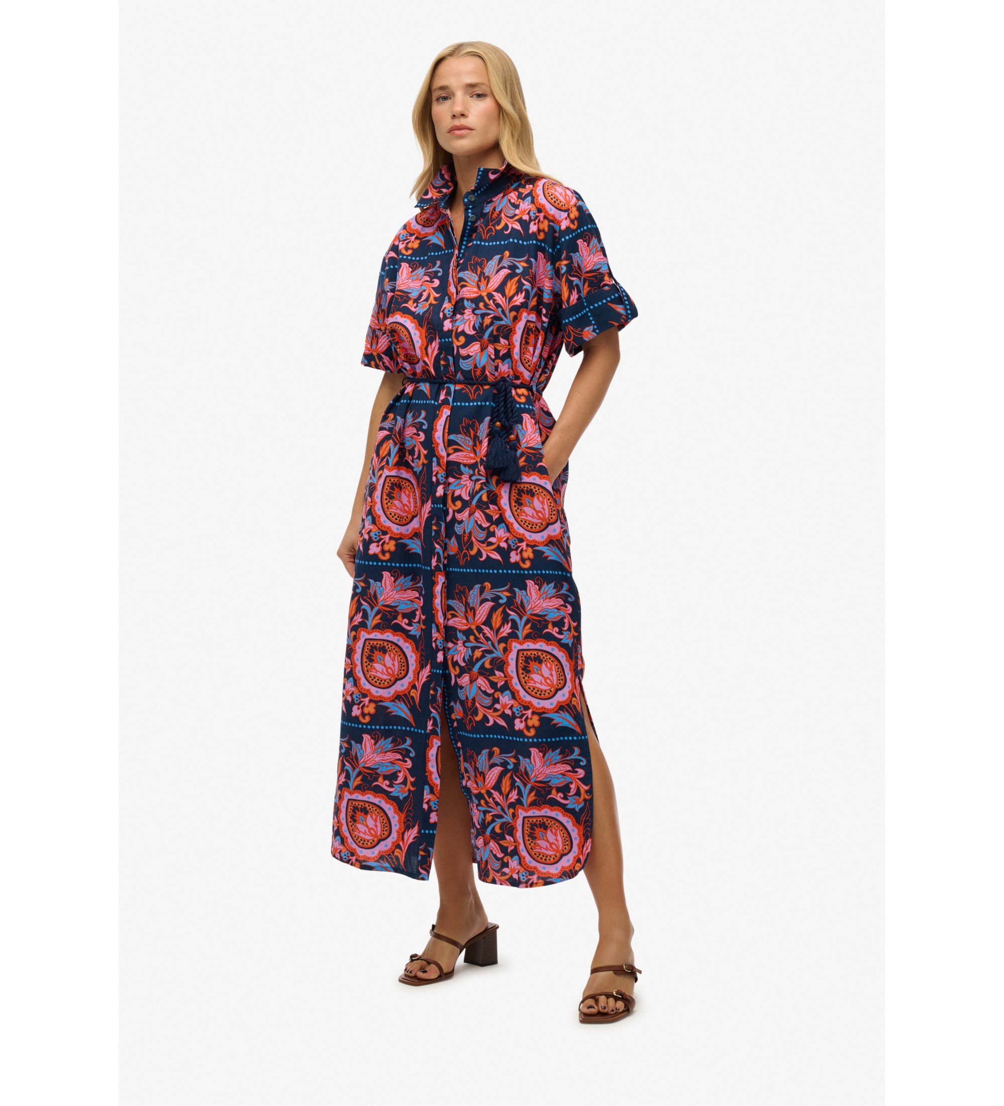 Superdryvoor vrouwen. W8011893A Linnen Maxi Dress zwart (XXS), Casual, Vlas, Korte mouwen, Marineblauw