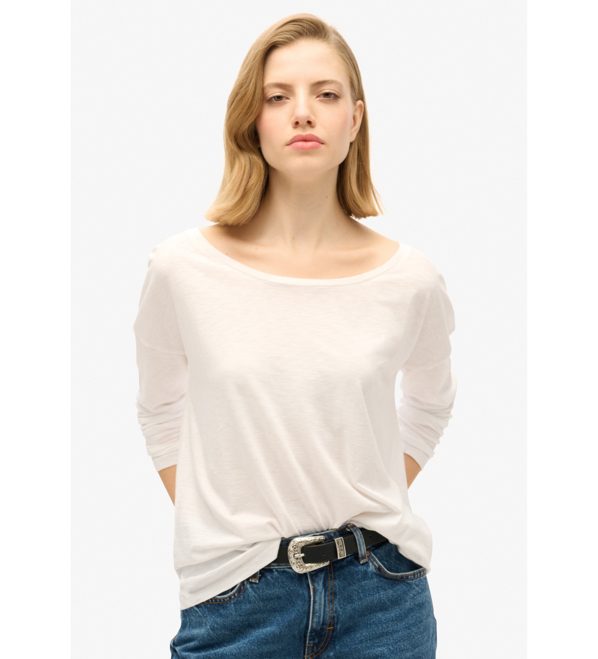 Superdry für Damen. W6011975A Langärmeliges Strick-T-Shirt weiß (XL), Lässig, Baumwolle, Langarm