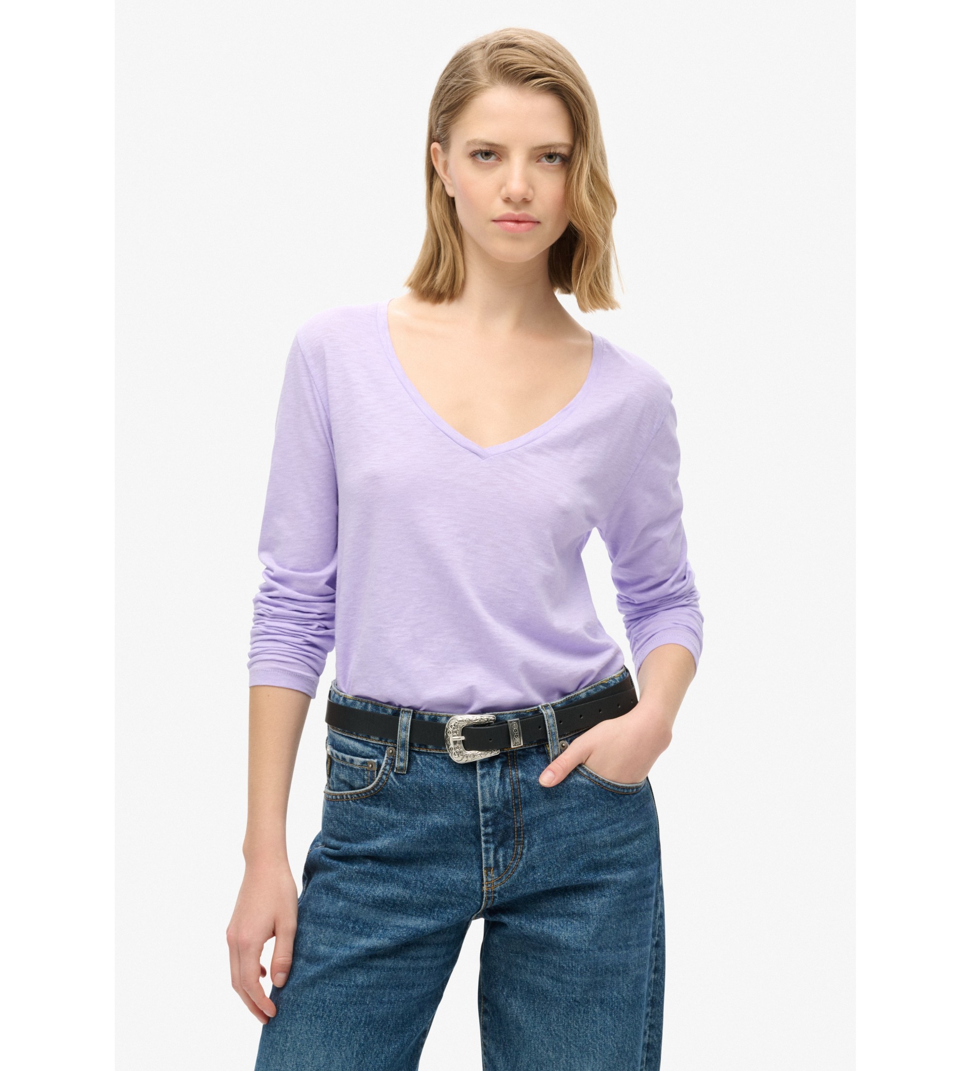 Superdry für Damen. W6011974A Langärmliges Strick-T-Shirt mit V-Ausschnitt fliederfarben (S), Lässig, Baumwolle, Langarm