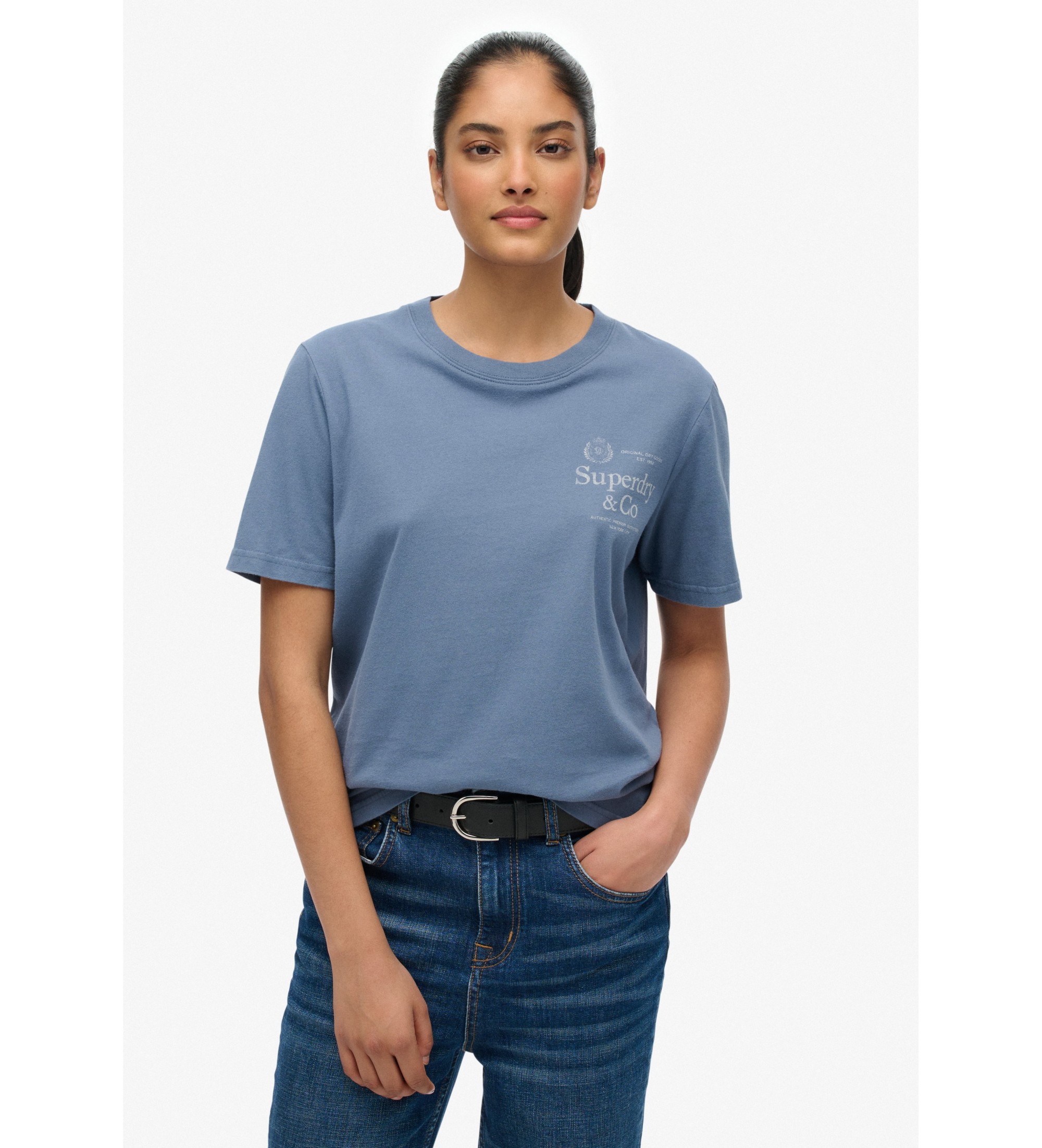 Superdry für Damen. W1011853A Luxe-T-Shirt blau (L), Lässig, Baumwolle, Kurzarm