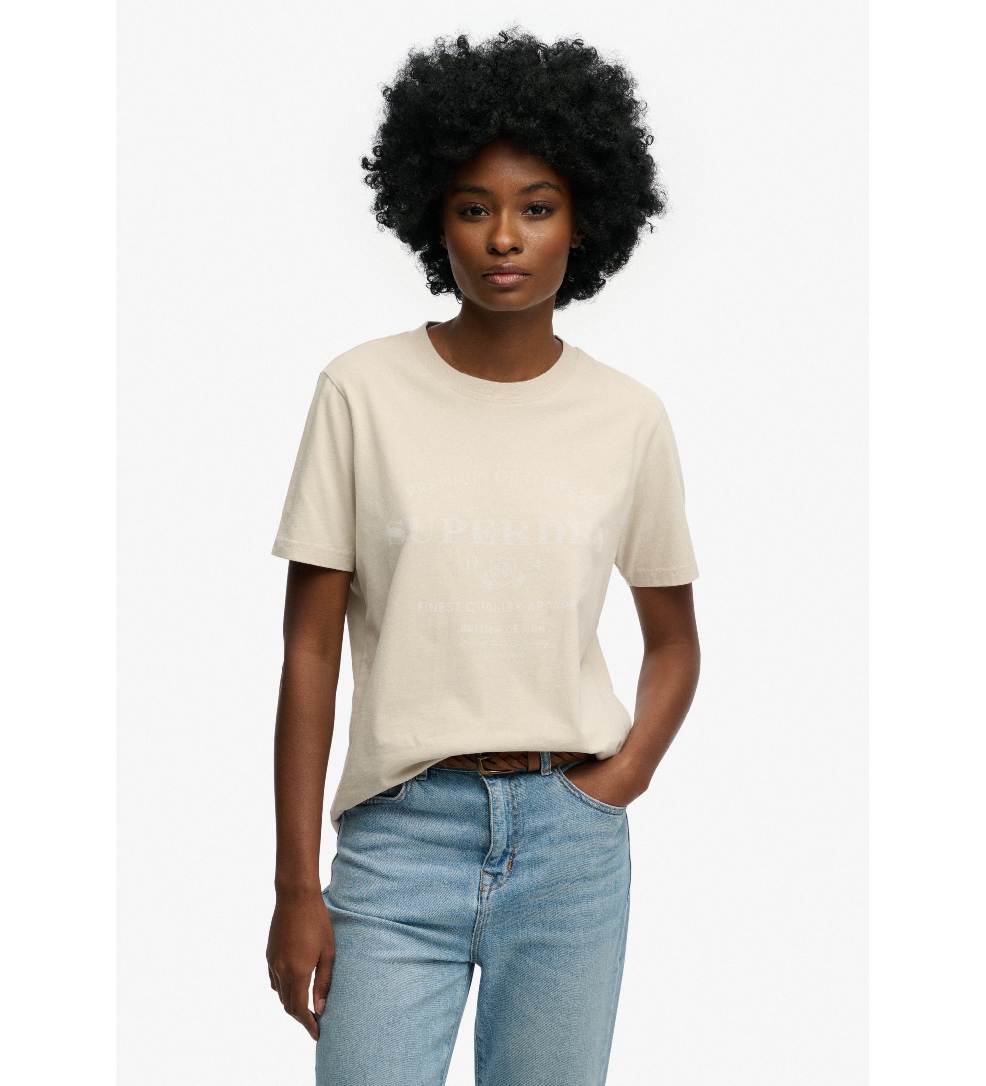 Superdry für Damen. W1011853C Beiges Luxus-T-Shirt (L), Lässig, Baumwolle, Kurzarm