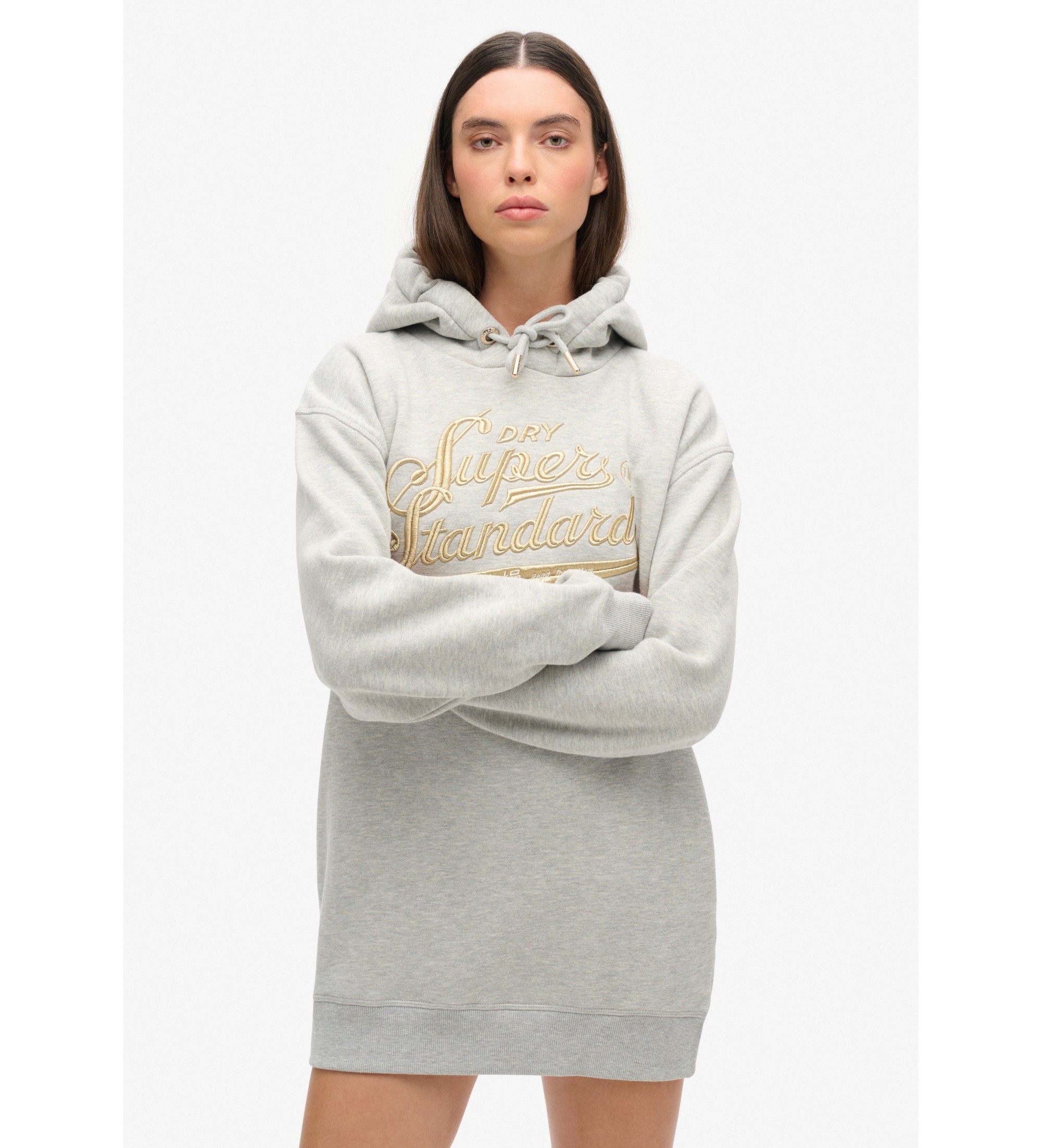 Superdry für Damen. W8011756A Graues Kapuzenkleid von Luxe mit metallischem Luxe-Logo (S/M), Lässig, Baumwolle, Langarm