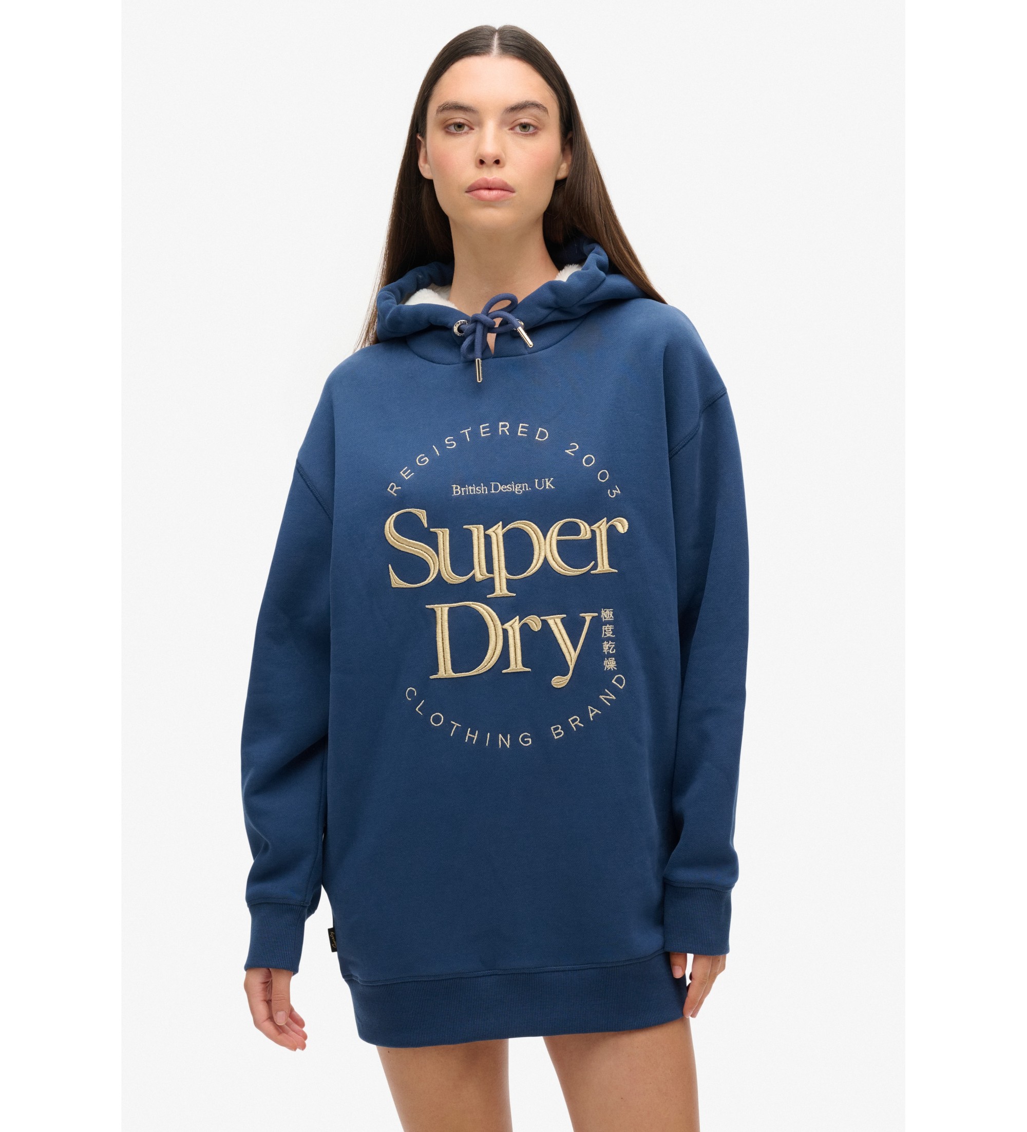 Superdry für Damen. W8011756A Kleid mit Kapuze und metallischem Luxe-Logoblau (S/M), Lässig, Baumwolle, Langarm, Nachhaltig