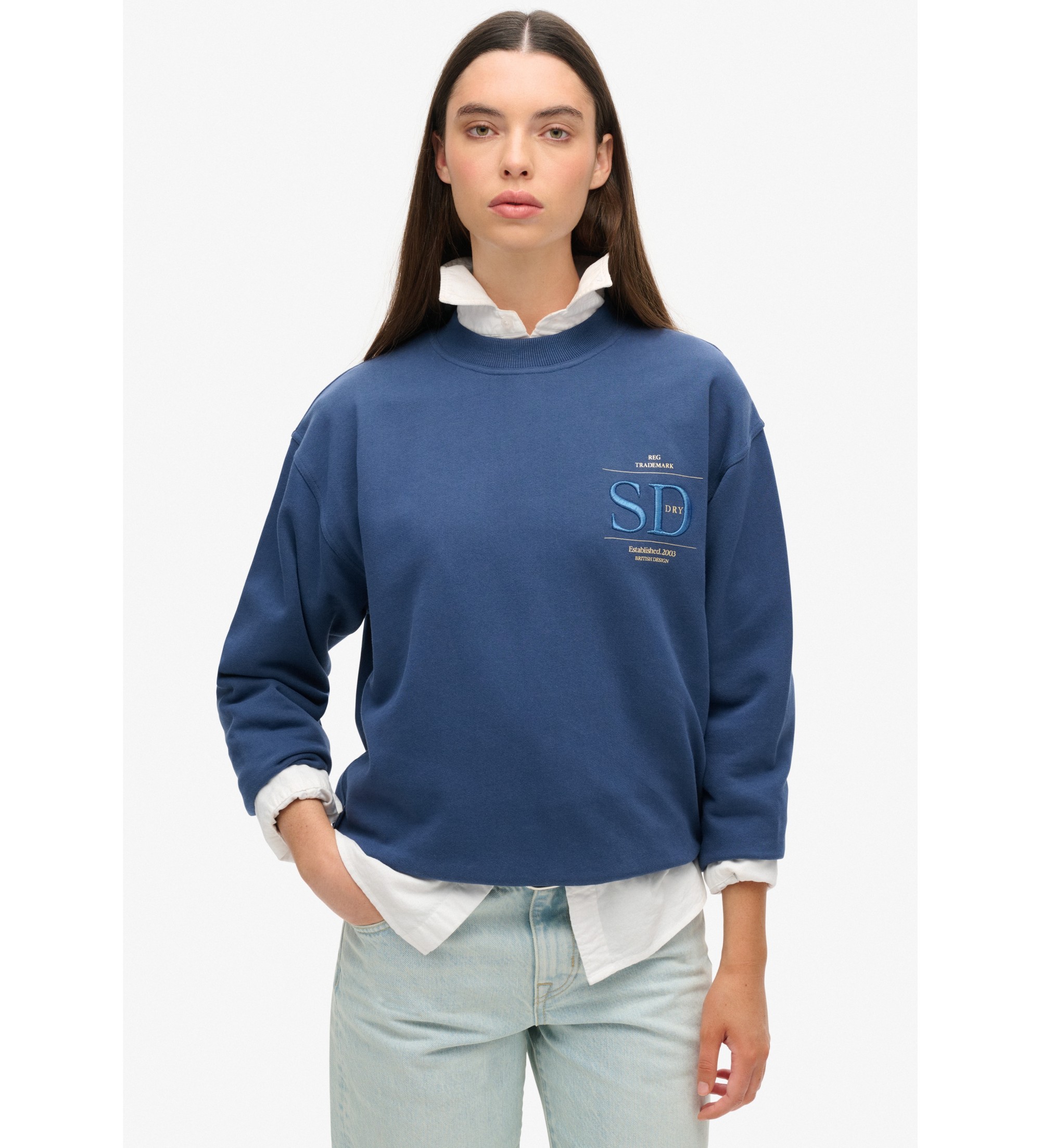 Superdry für Damen. W2012154A Locker sitzendes Sweatshirt mit Metallic-Logo Luxe blau (S), Lässig, Baumwolle, Nachhaltig