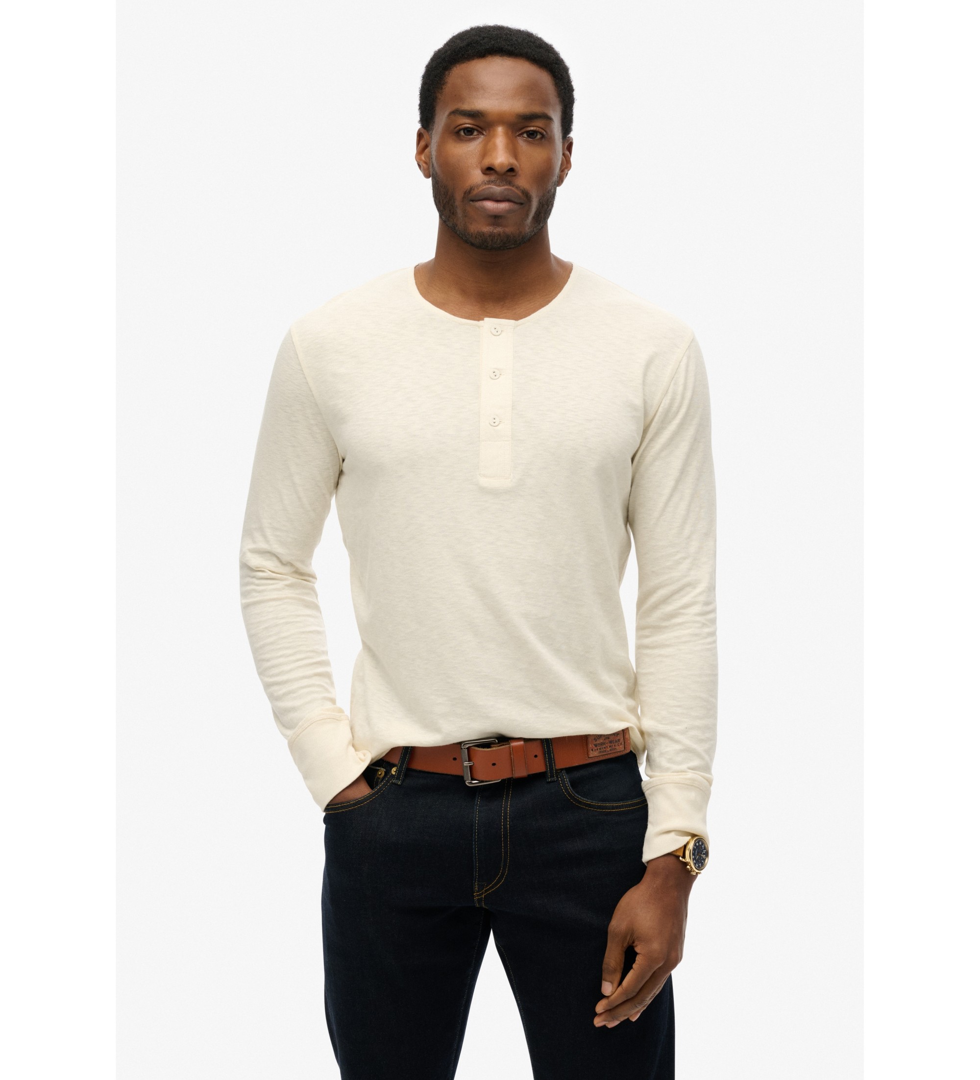 Superdryvoor mannen. M6010880A Grootvader T-shirt beige (XL), Casual, Katoen, Lange mouwen