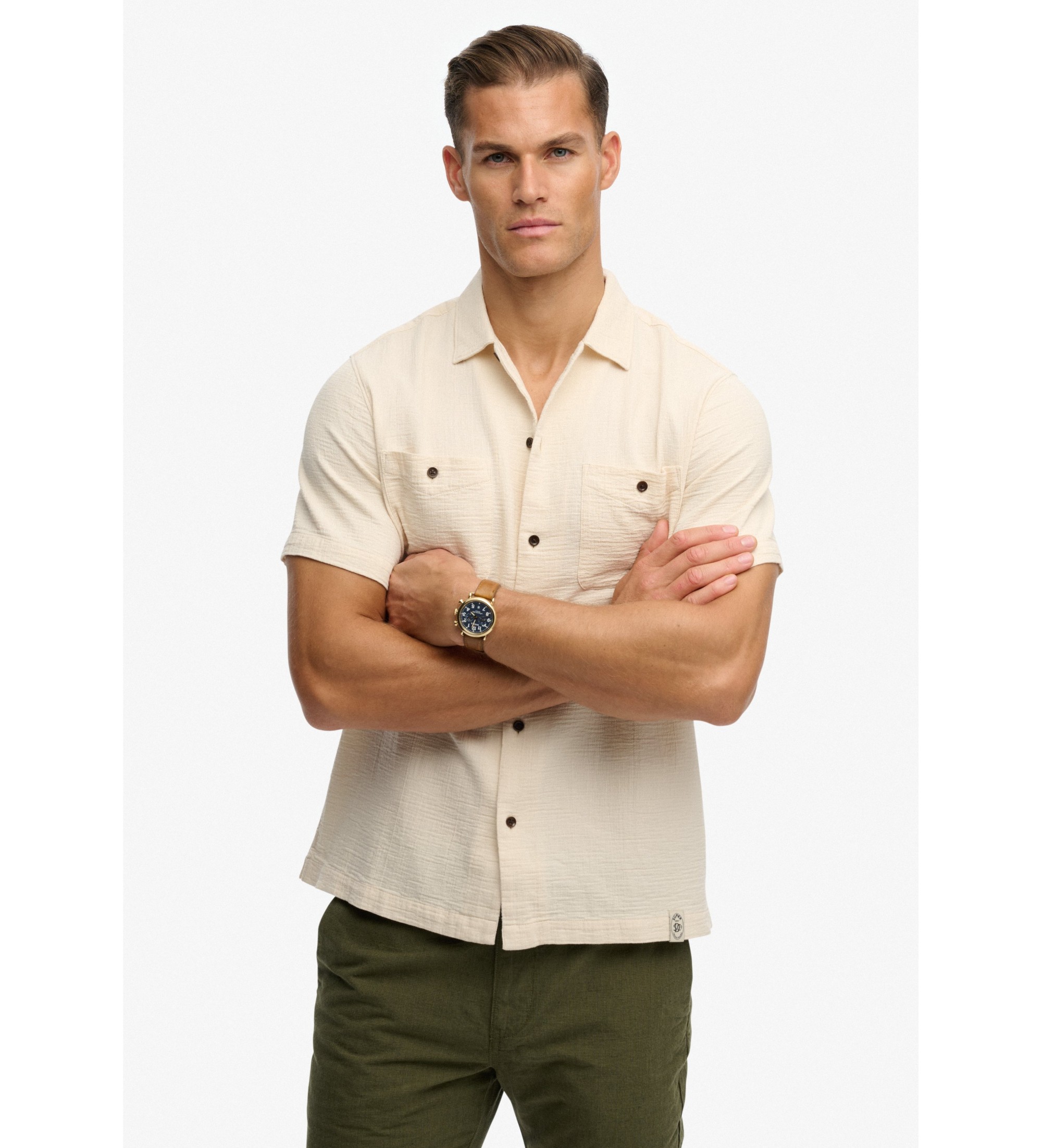Superdry für Herren. M4011123A Merchant Texturiertes beiges Hemd (M), Lässig, Baumwolle, Kurzarm
