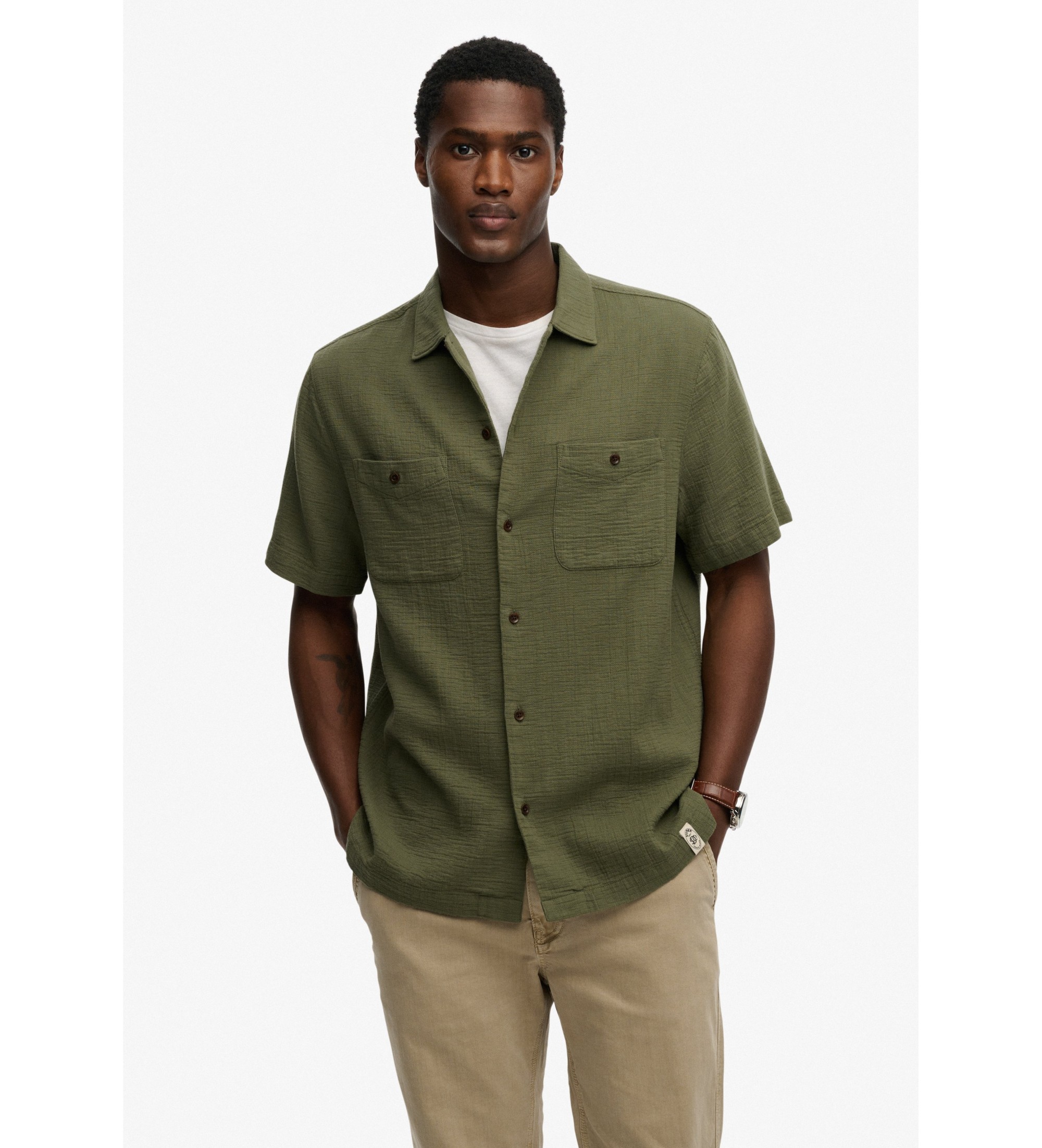 Superdry für Herren. M4011123A Merchant Texturiertes grünes Hemd (M), Lässig, Baumwolle, Kurzarm