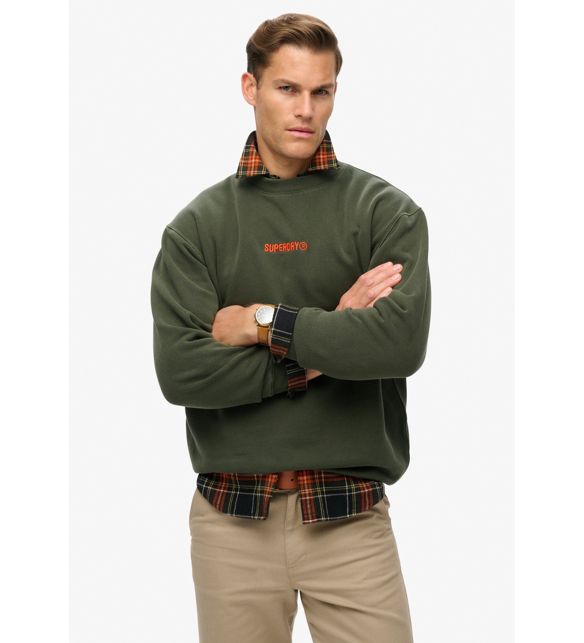Superdry für Herren. M2013734A Lockeres Sweatshirt mit Rundhalsausschnitt und grünem Mikro-Logo-Print (XL), Lässig, Baumwolle