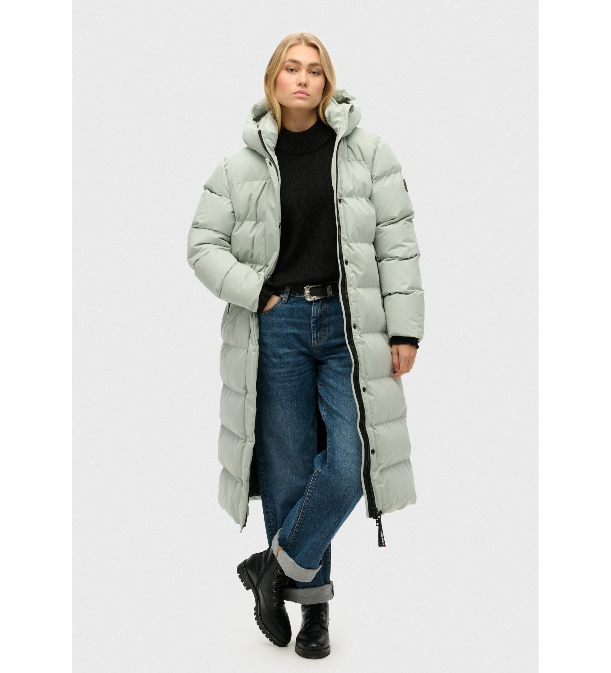 Superdry für Damen. W5011738A Lange Steppjacke aus grüner Mikrofaser (XL), Lässig, Recyceltes Polyester, Nachhaltig
