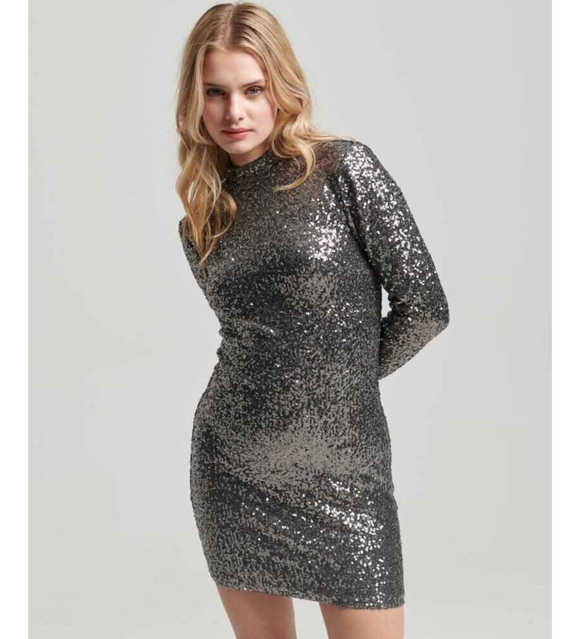Superdry für Damen. W8011486A Pailletten-Minikleid mit silbernem Perkins-Ausschnitt (XL), Party, Polyester, Langarm