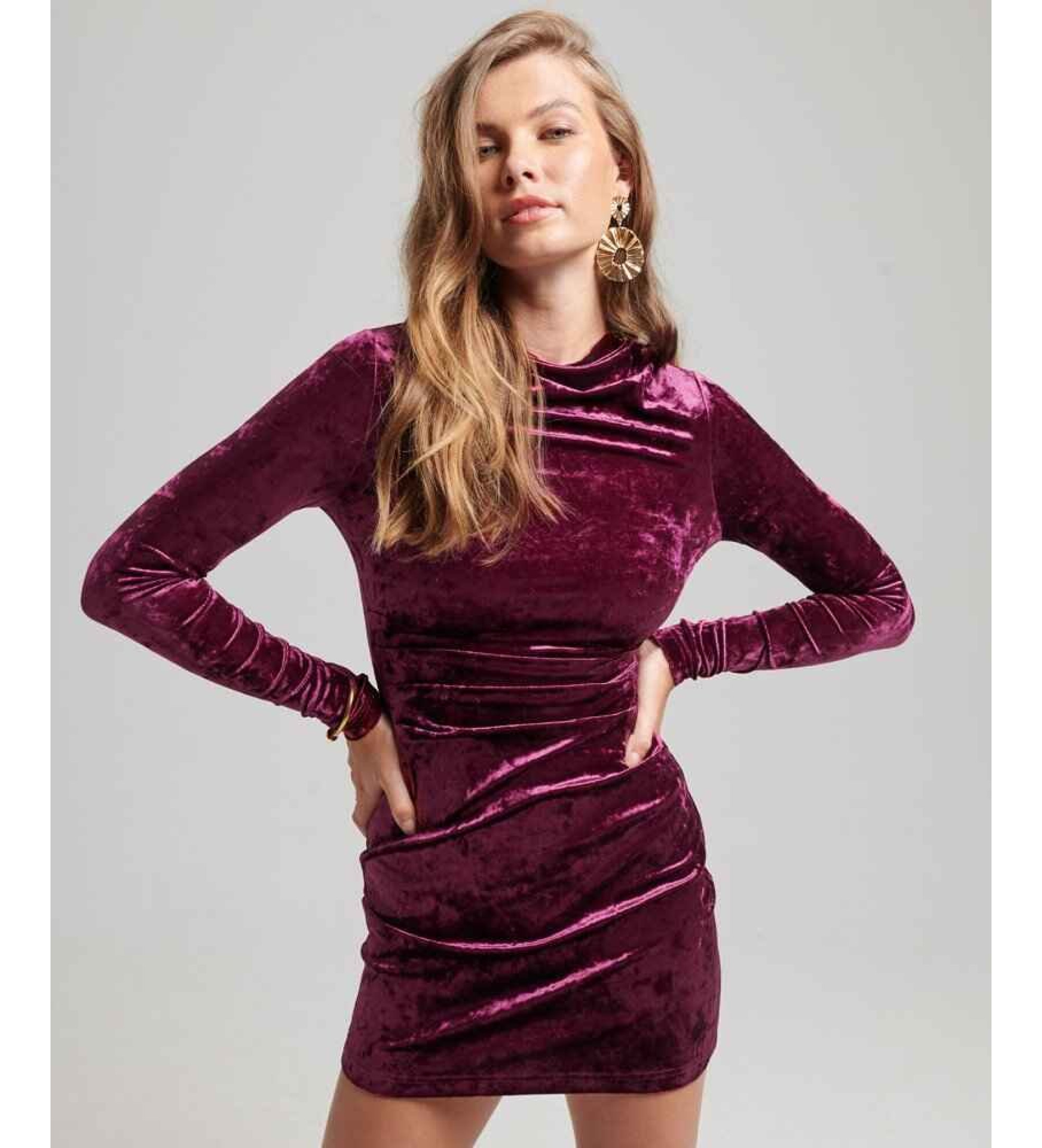 Superdry für Damen. W8011367A Langärmeliges Minikleid aus rosa Samt (XS), Party, Polyester, Langarm