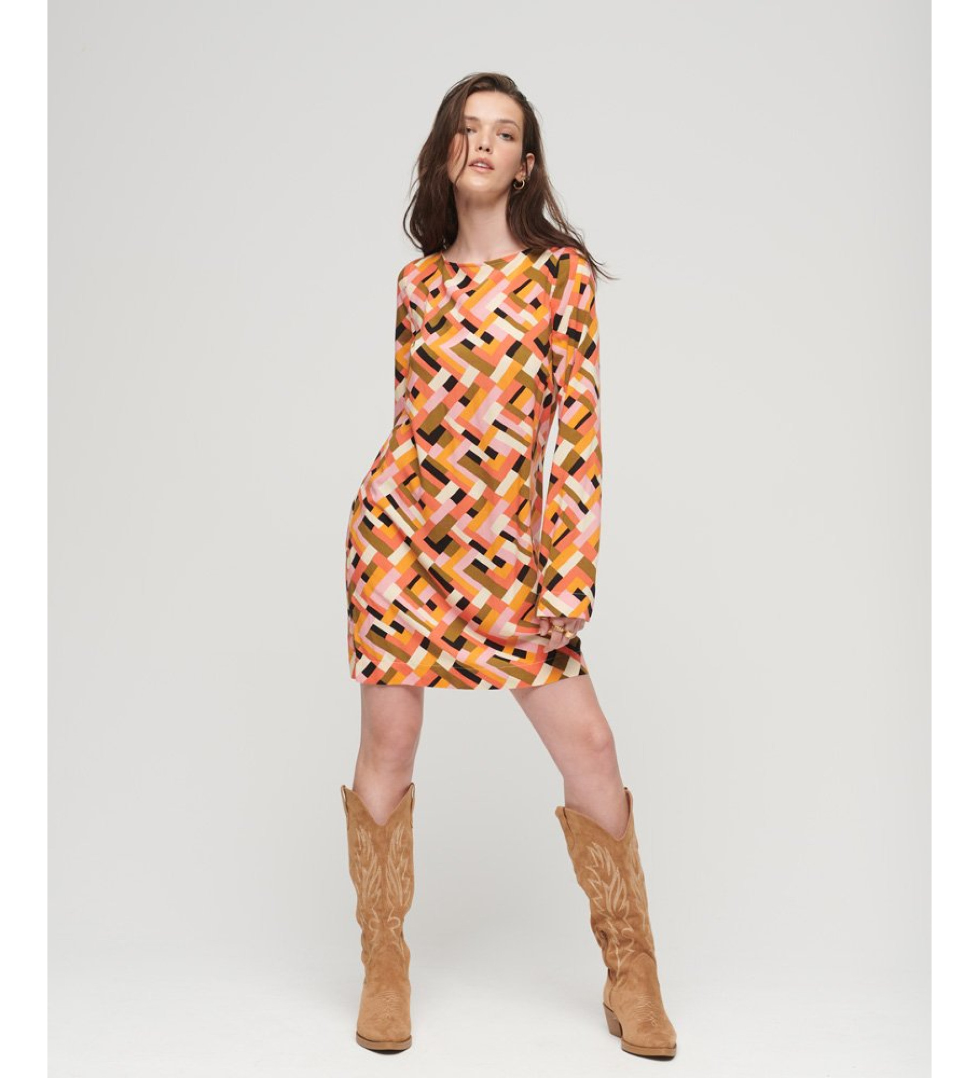 Superdry für Damen. W8011578A Mehrfarbig bedrucktes Minikleid (XS), Lässig, Viskose, Langarm