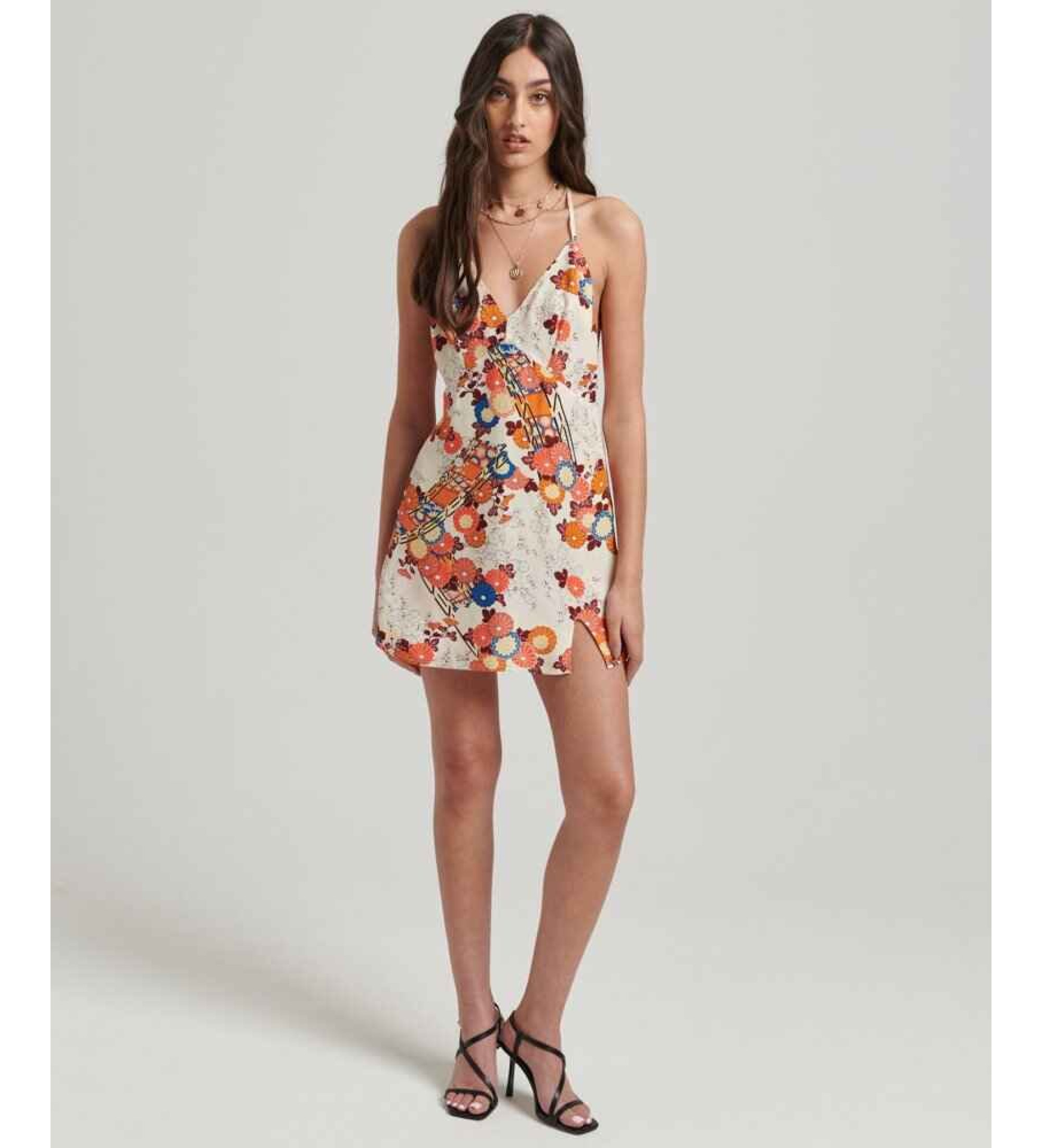 Superdry für Damen. W8011400A Weißes bedrucktes Dessous-Minikleid (S), Lässig, Viskose, Ärmellos / Hosenträger