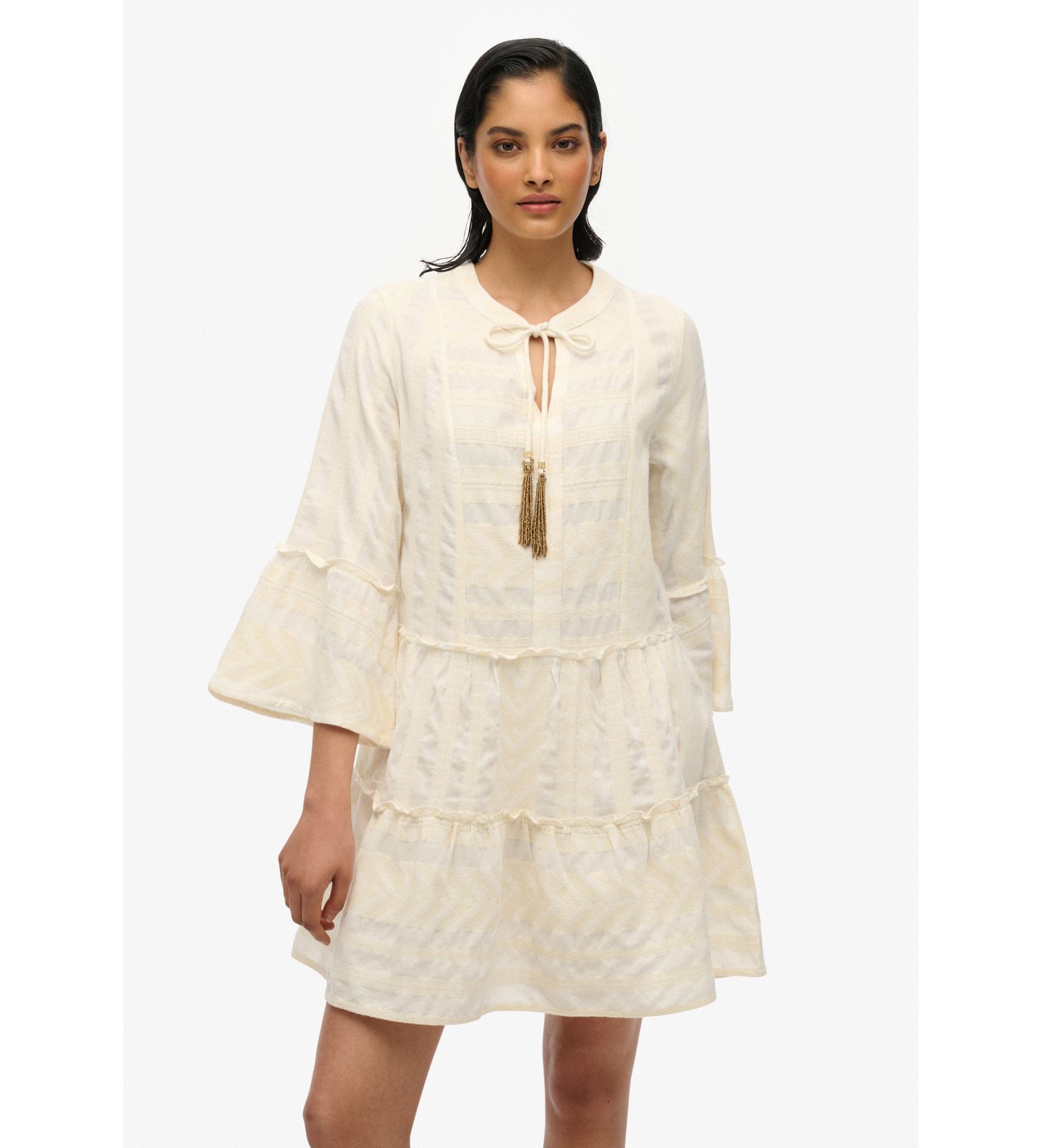 Superdry für Damen. W8011916A Beigefarbenes langärmeliges gestuftes Minikleid mit langen Ärmeln (L), Lässig, Baumwolle, Langarm