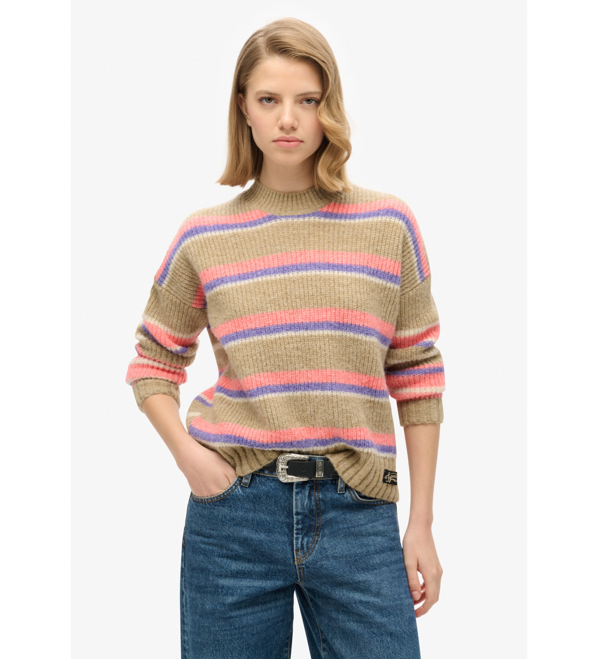Superdry für Damen. W6110584A Beige gestreifter Pullover mit Rundhalsausschnitt (XS), Lässig, Acryl