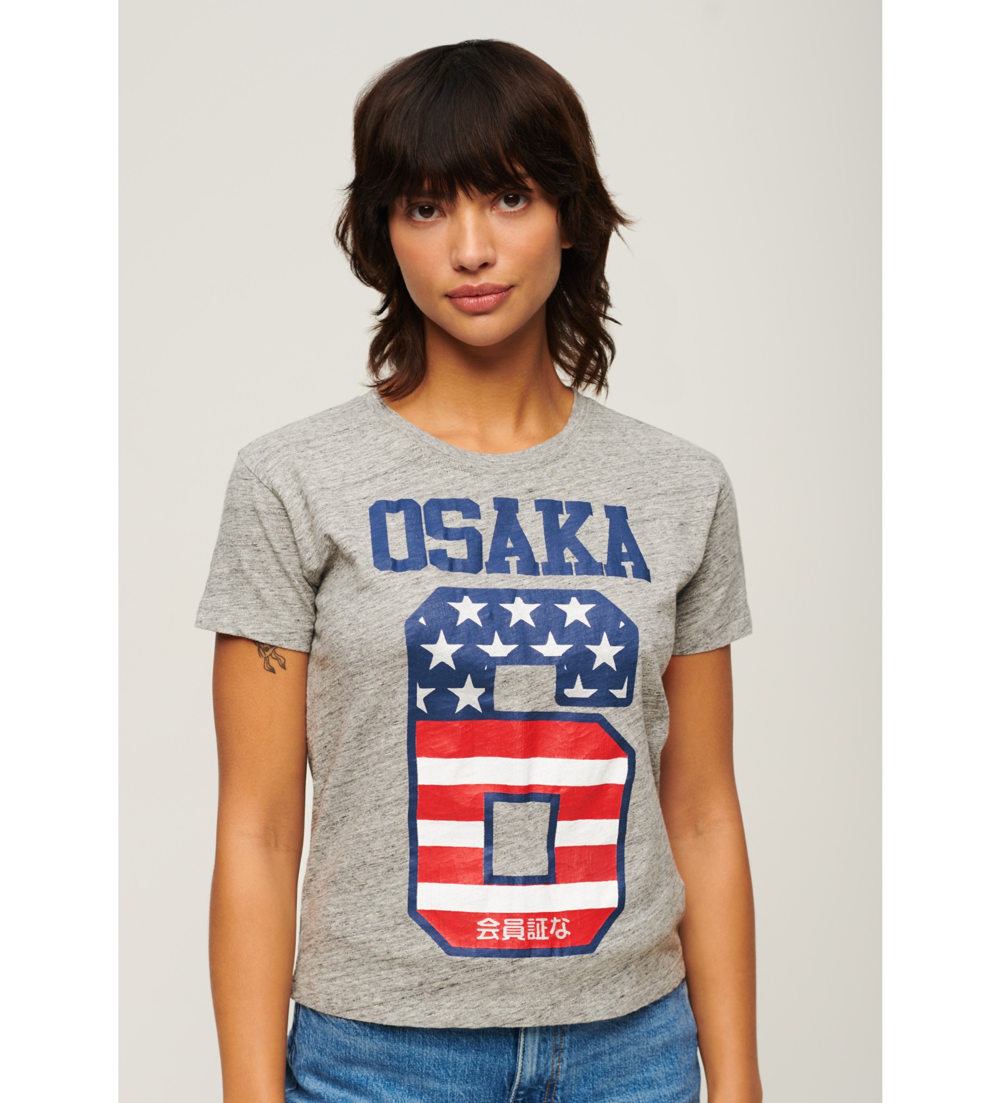 Superdry für Damen. W1011470A Osaka 6 graues T-shirt (L), Lässig, Baumwolle, Kurzarm