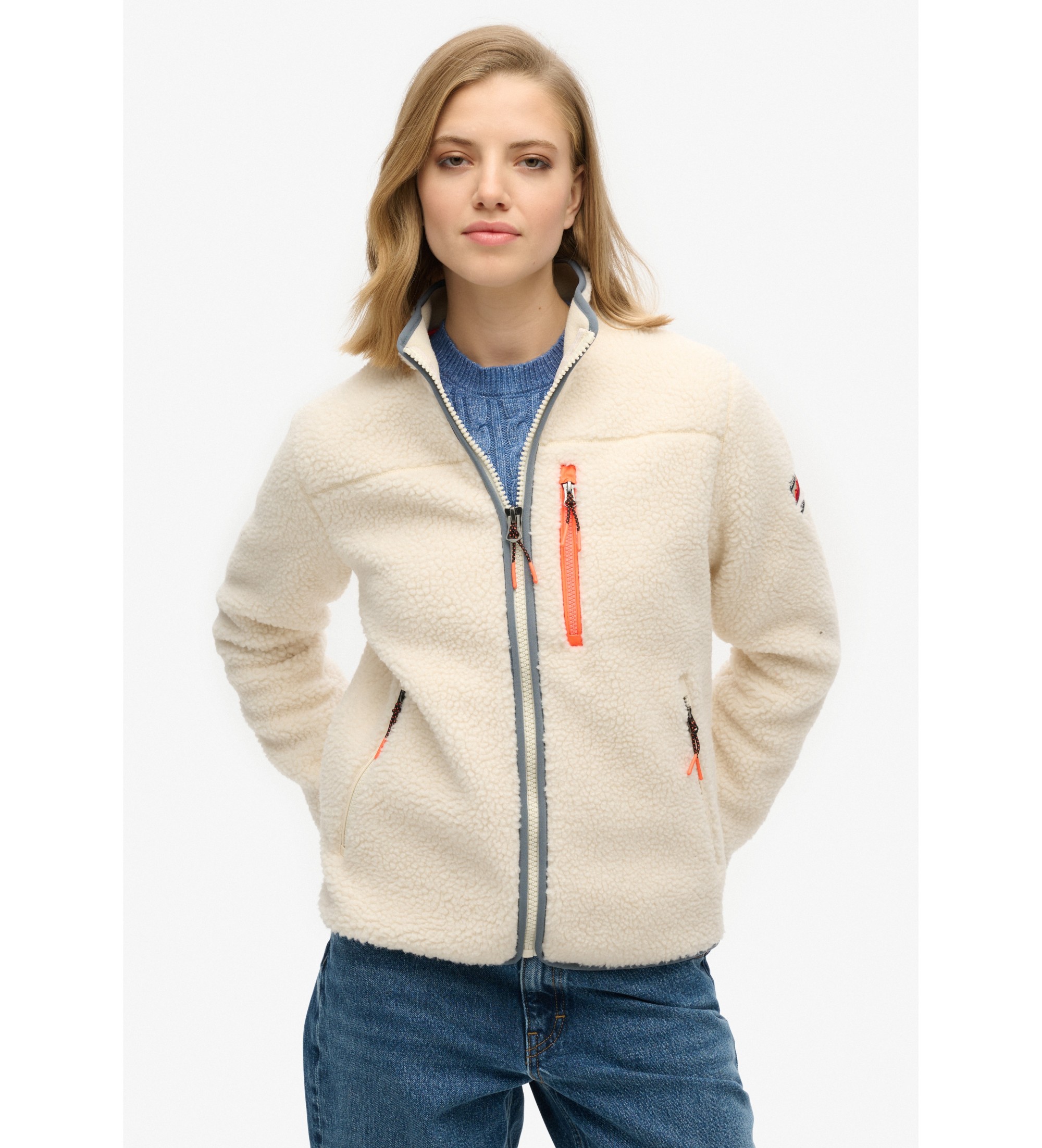 Superdry Damen Creme Outdoor Fleecejacke mit Durchgehendem Reißverschluss, Größe: 42
