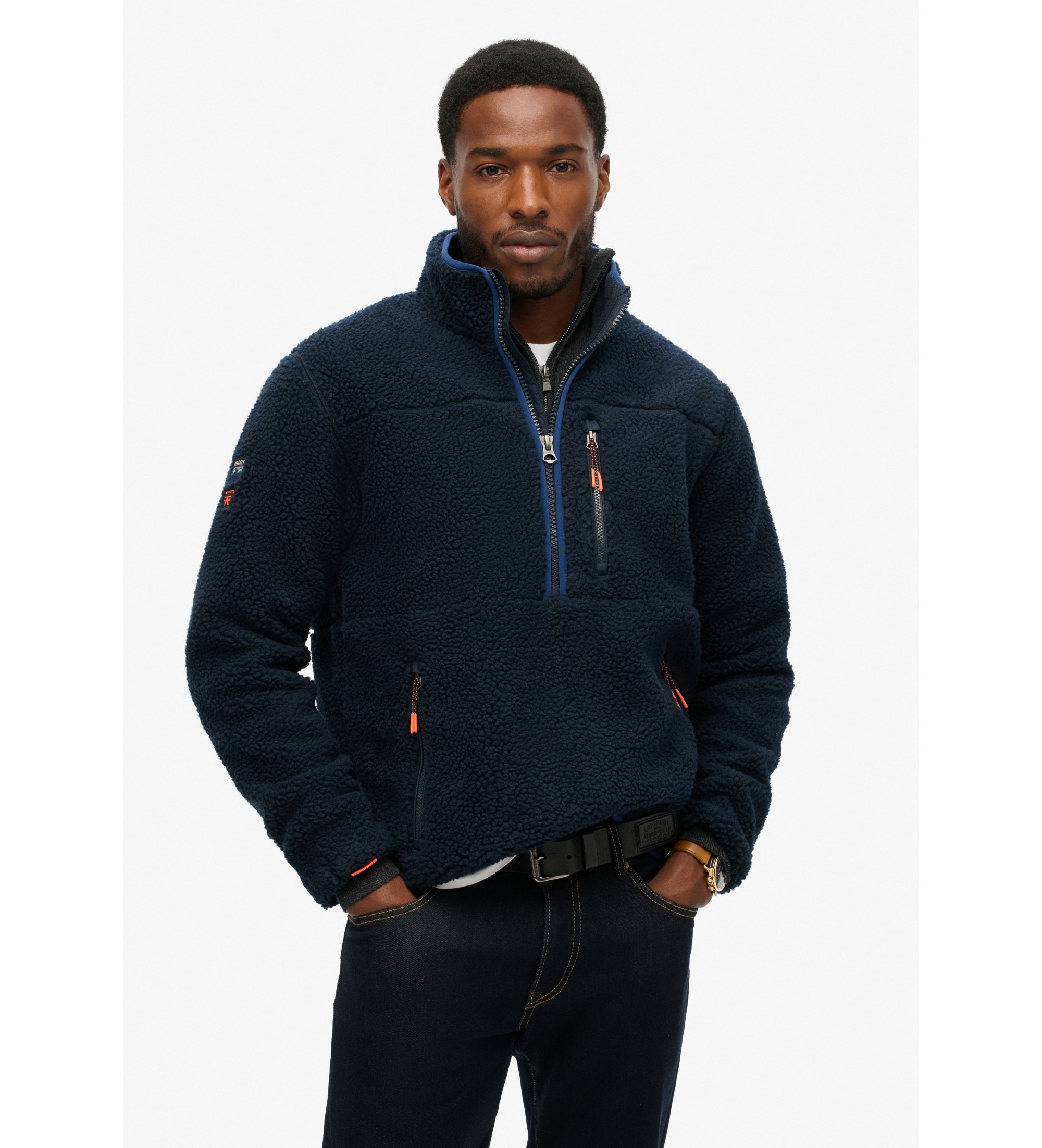 Superdryvoor mannen. M2014149A Outdoor fleece halve rits marine (L), Casual, Polyester, Buiten, Marineblauw