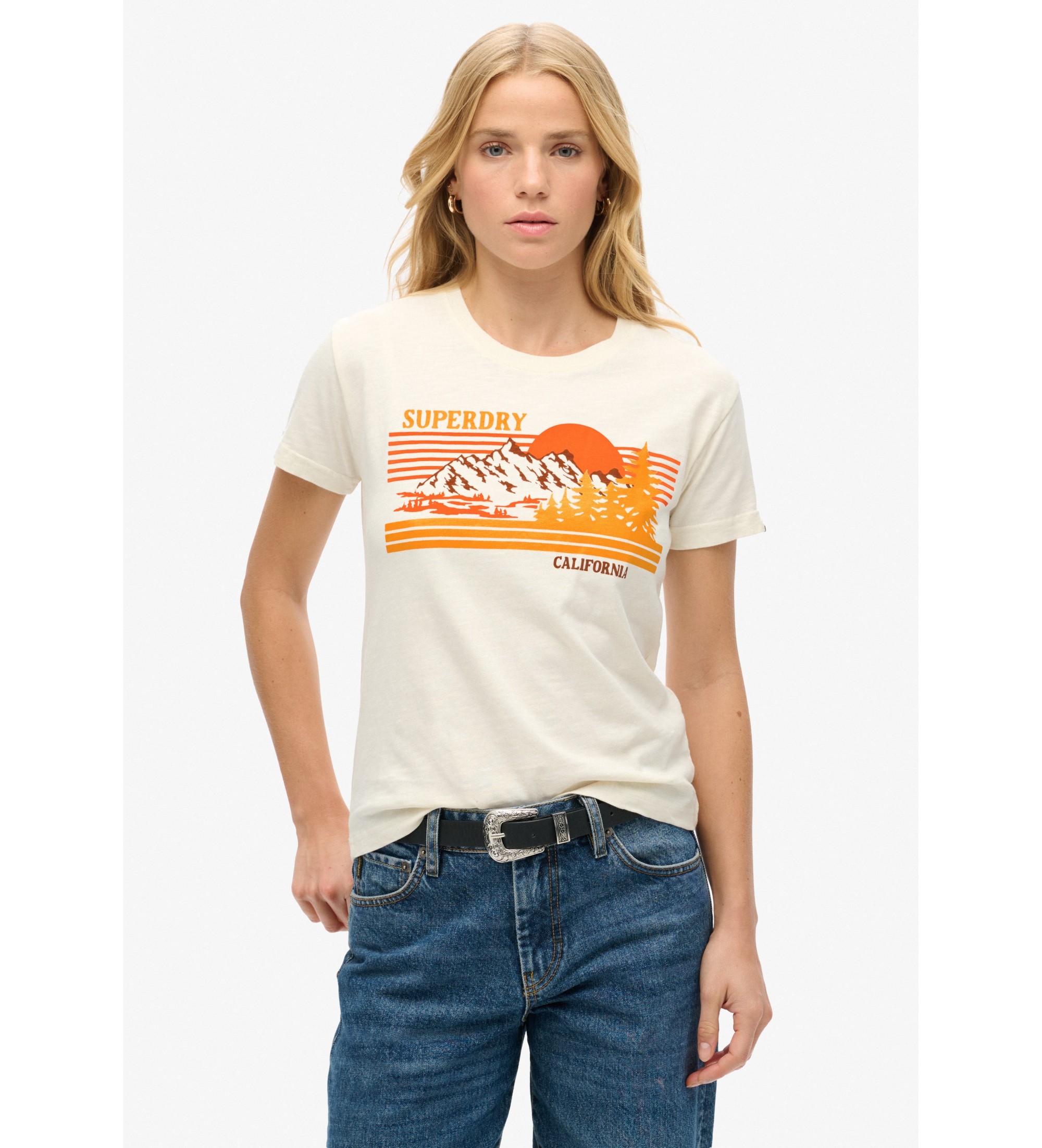Superdry für Damen. W1011574A Gestreiftes schmal geschnittenes T-Shirt Outdoor weiß (L), Lässig, Baumwolle, Kurzarm