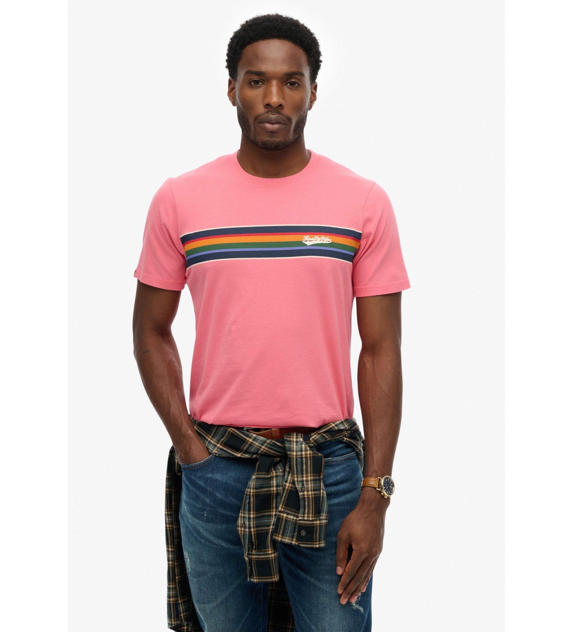 Superdry für Herren. M1012356A Outdorr Streifen-T-Shirt rosa (L), Lässig, Baumwolle, Kurzarm