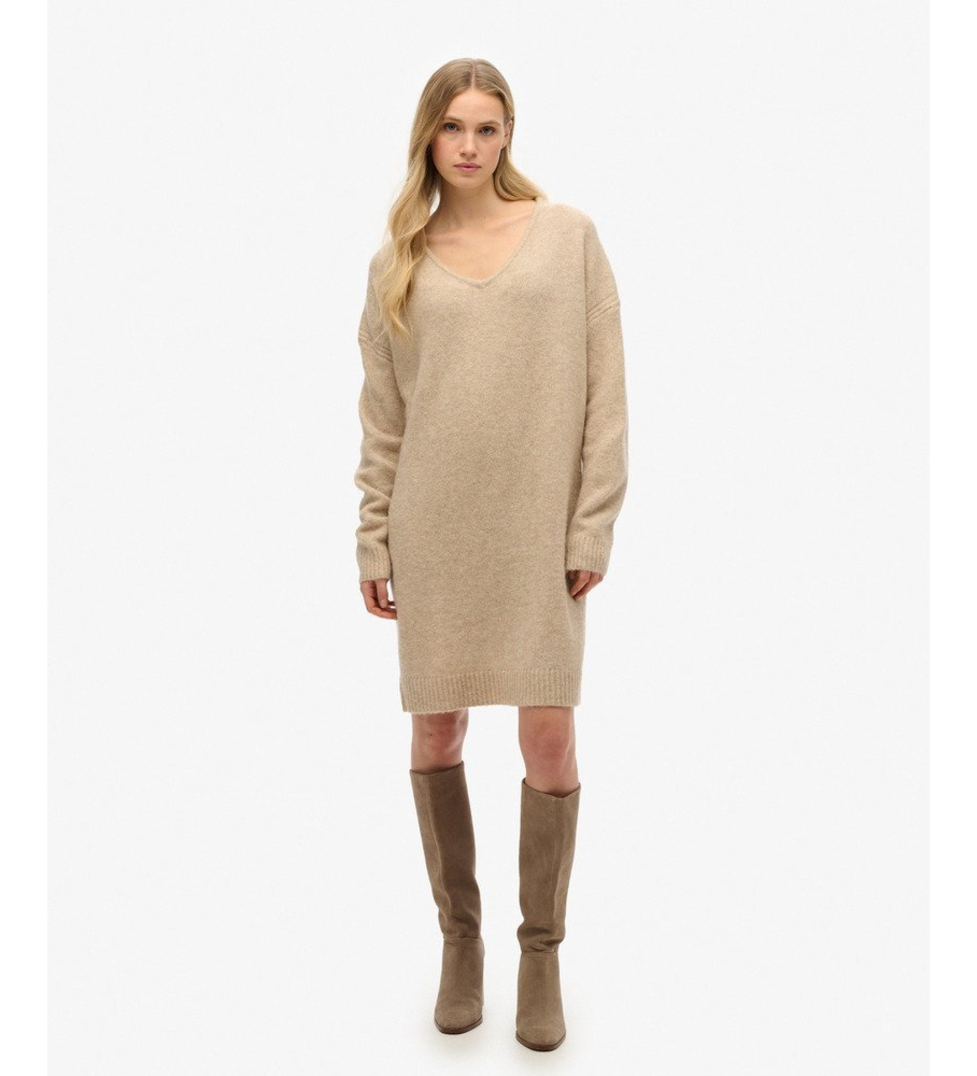 Superdry für Damen. W8011762A Beigefarbenes Kleid in Übergröße (XS), Lässig, Acryl, Langarm