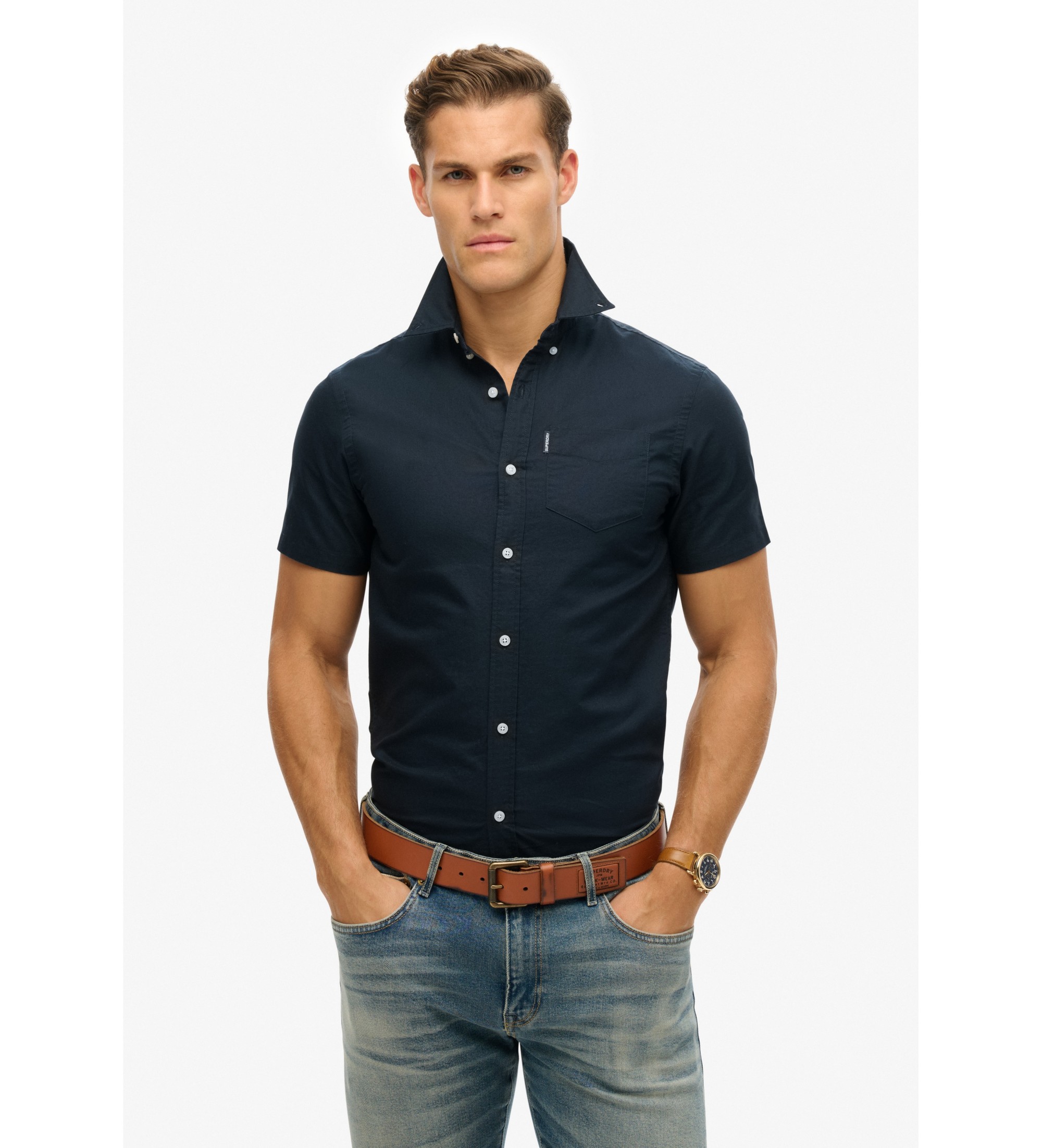 Superdry für Herren. M4010944A Navy Oxford-Hemd (M), Lässig, Baumwolle, Kurzarm, Marine
