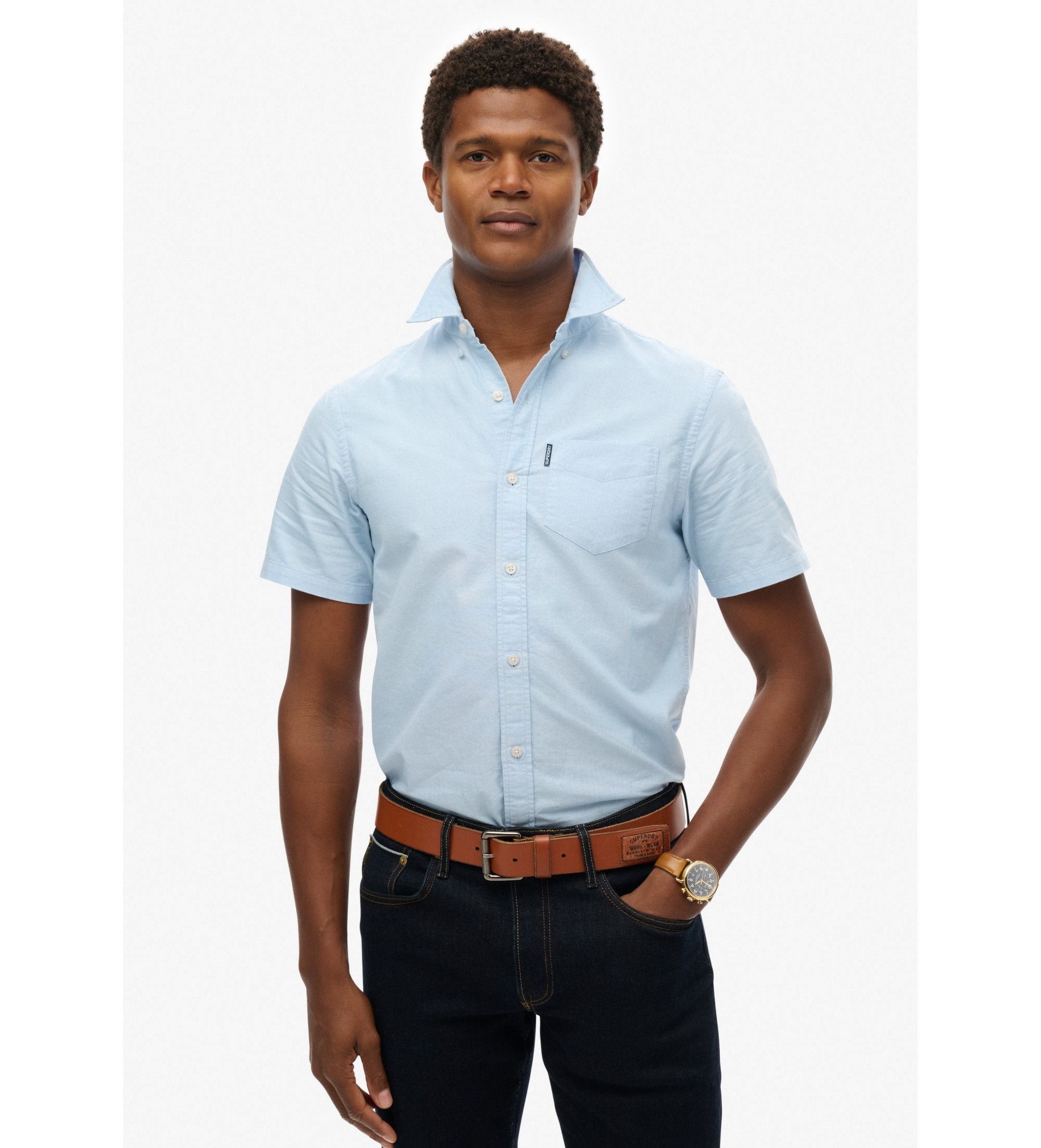 Superdry für Herren. M4010944A Blaues Oxford-Hemd (S), Lässig, Baumwolle, Kurzarm