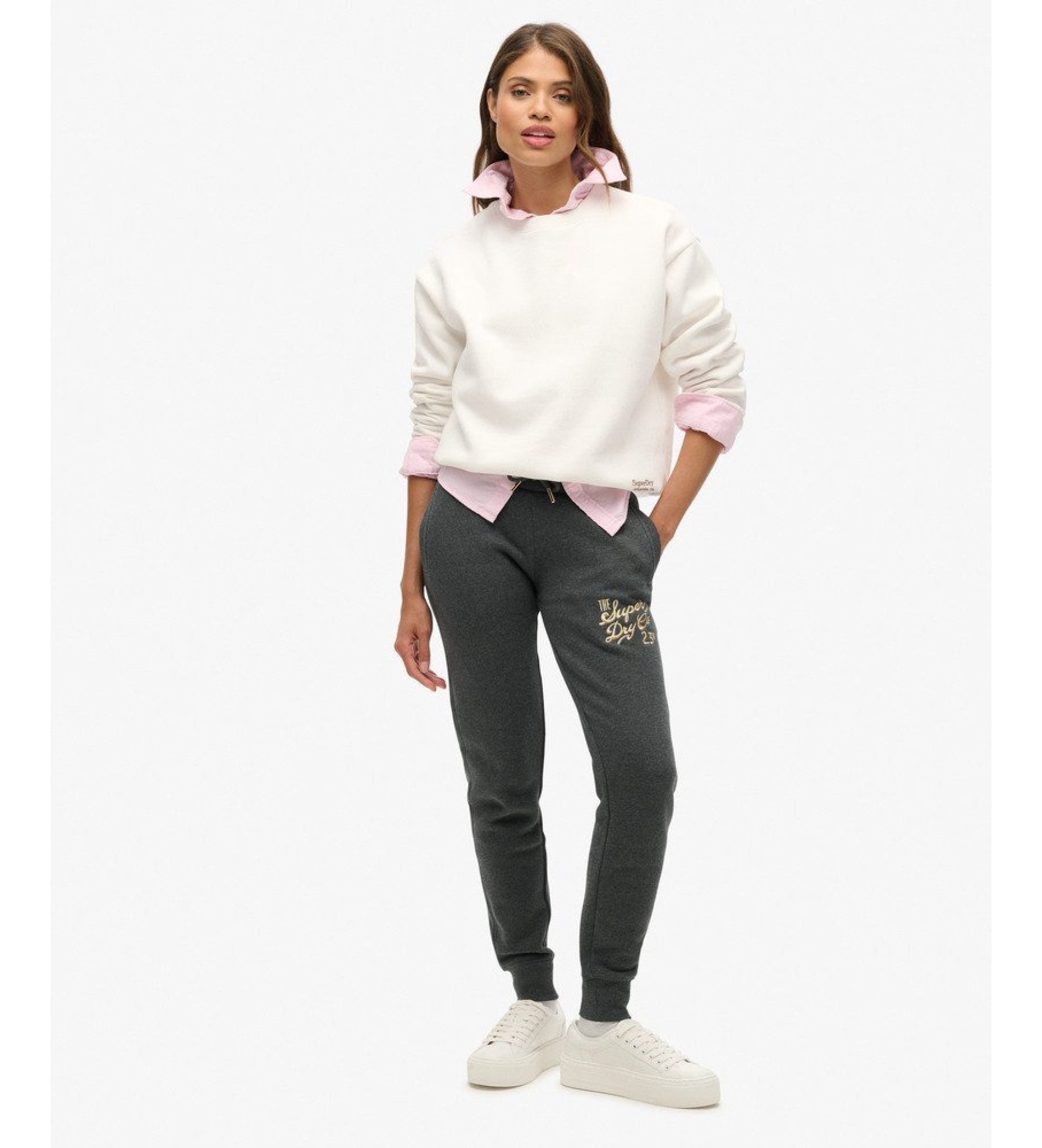 Superdry für Damen. W7011093A Eng anliegende Jogginghose mit metallischem Luxe-Logo grau (XS), Lässig, Baumwolle
