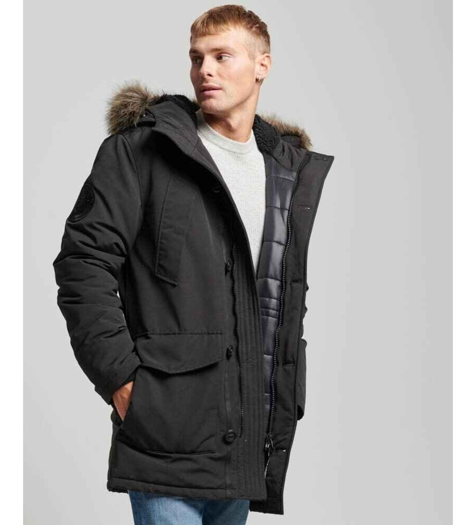 Superdry für Herren. M5011741A Kunstfell-Parka mit Kapuze Everest schwarz (XXL), Lässig, Polyester, Nachhaltig