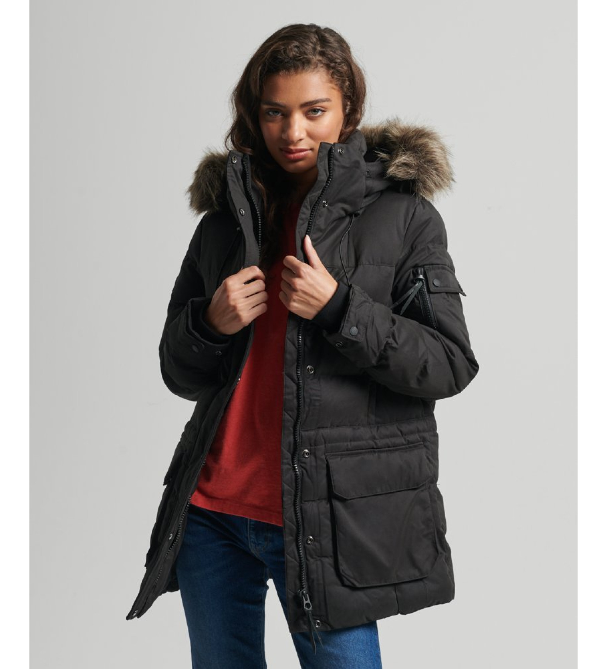 Superdry für Damen. W5011048A Expedition Mikrofaser Parka schwarz (S), Lässig, Polyester