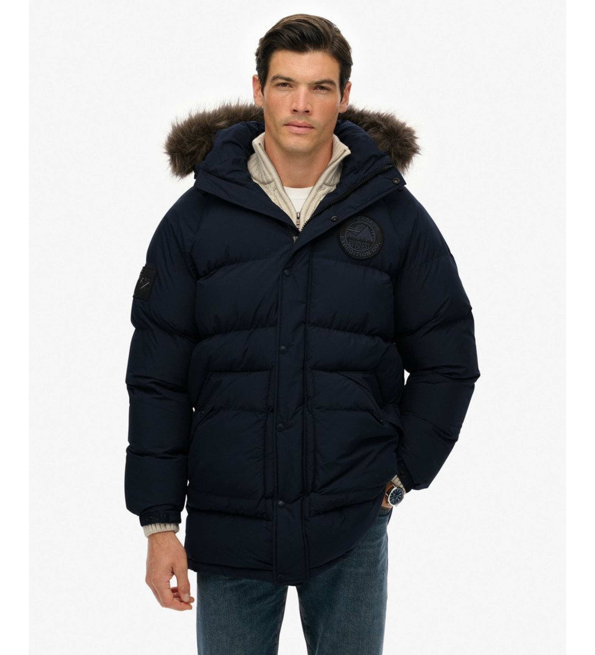 Superdry für Herren. M5012208A Langer Parka Everest Baffled navy (L), Lässig, Polyester, Marine
