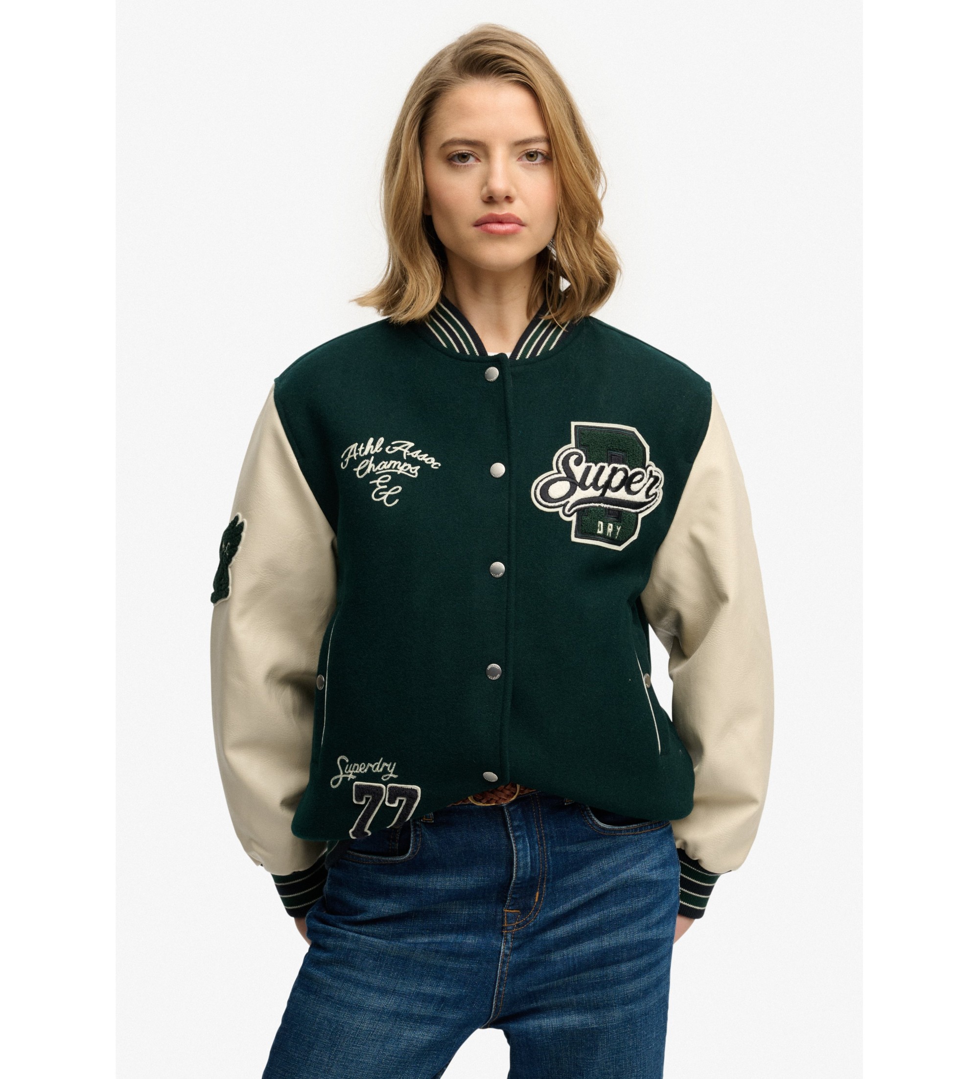 Superdry für Damen. W5012061A Patched Varsity Bomberjacke grün (M), Lässig, Wolle