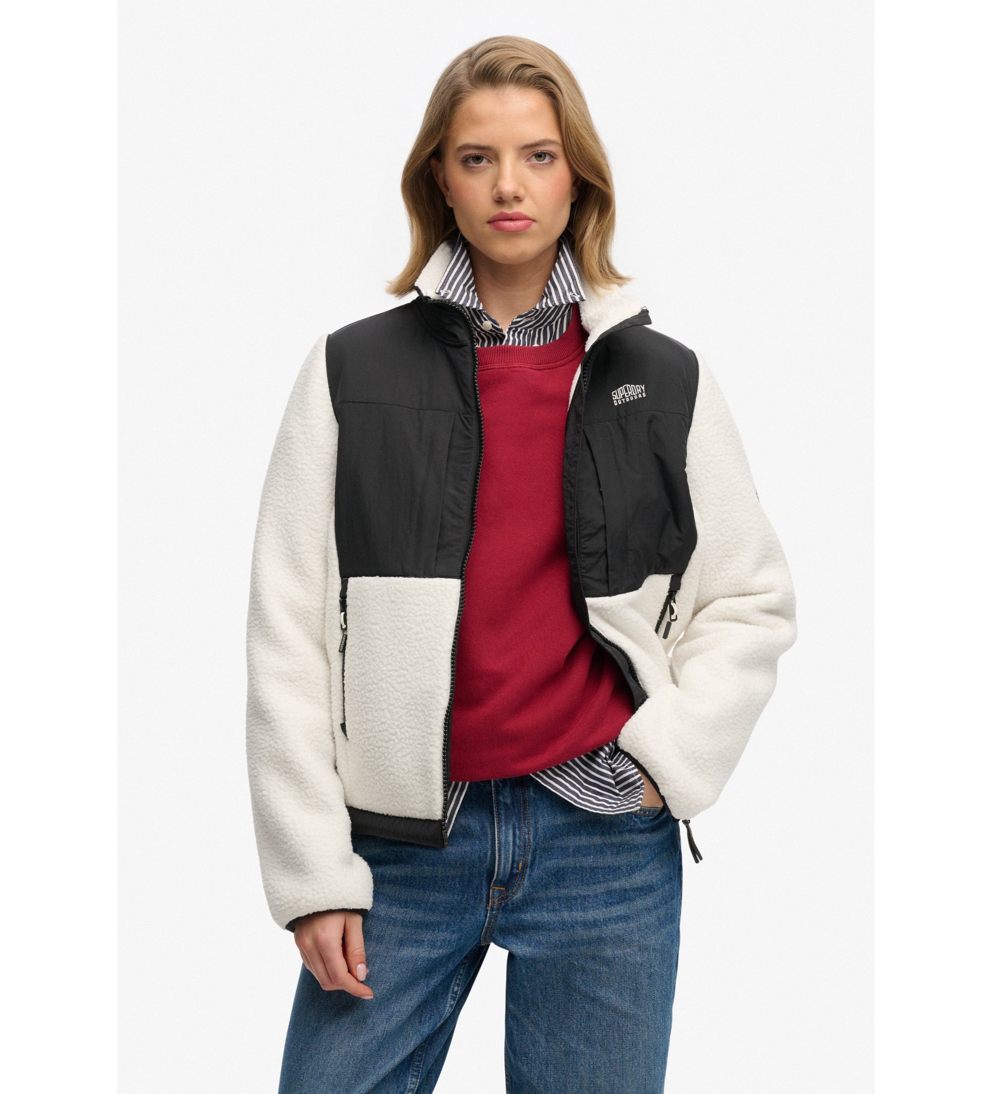 Superdry für Damen. W5012072A Fleece Hybrid Trekker Jacke weiß (XL), Lässig, Recyceltes Polyester