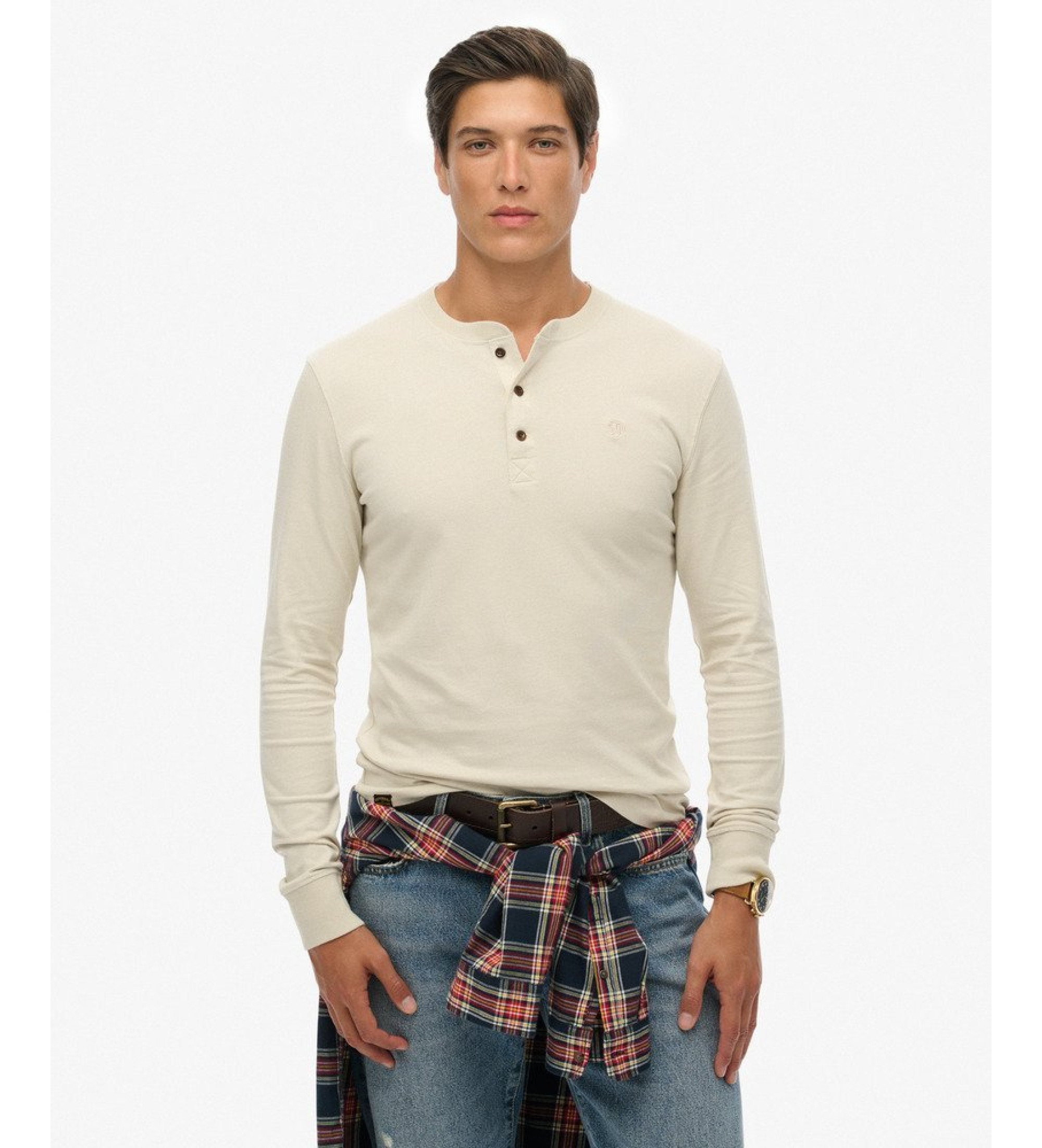 Superdry für Herren. M6010907A Klassisches Essential Opa beige t-shirt (L), Lässig, Baumwolle, Langarm