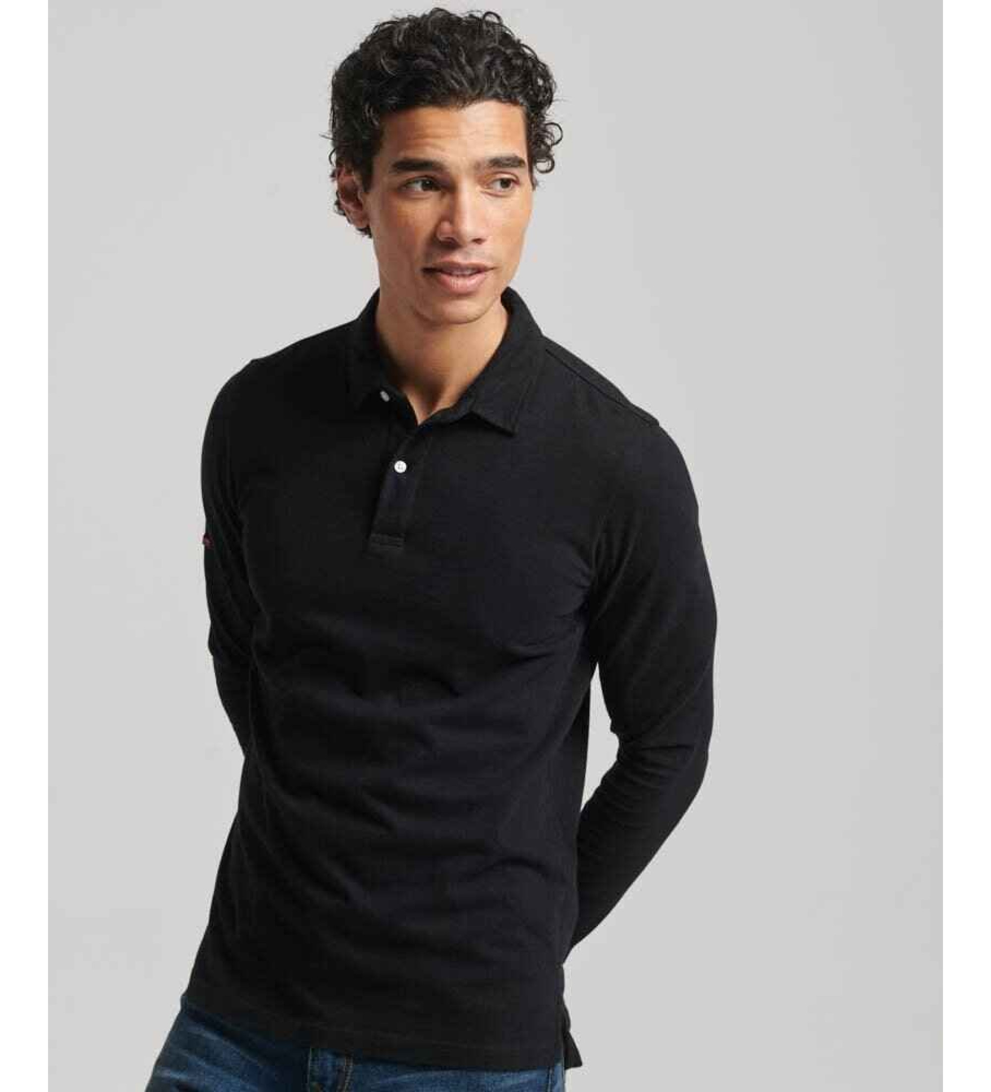 Superdry für Herren. M1110386A Studios Langarm-Poloshirt aus Strick schwarz (XXL), Lässig, Baumwolle, Kurzarm
