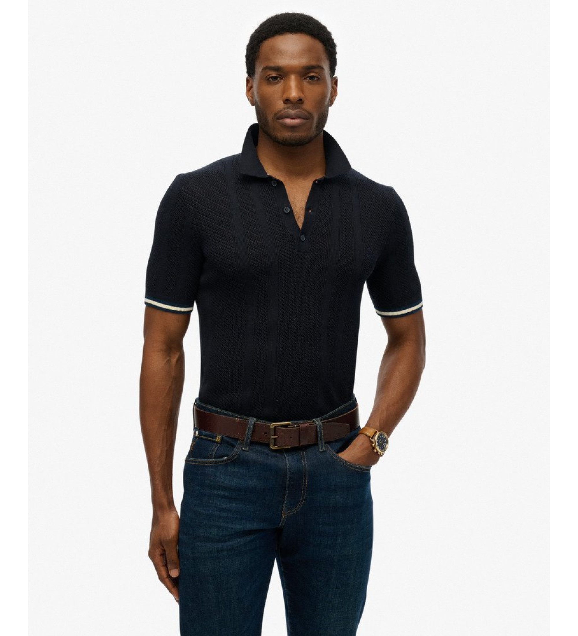 Superdry für Herren. M1110441A Poloshirt Textur navy (XL), Lässig, Baumwolle, Kurzarm, Marine