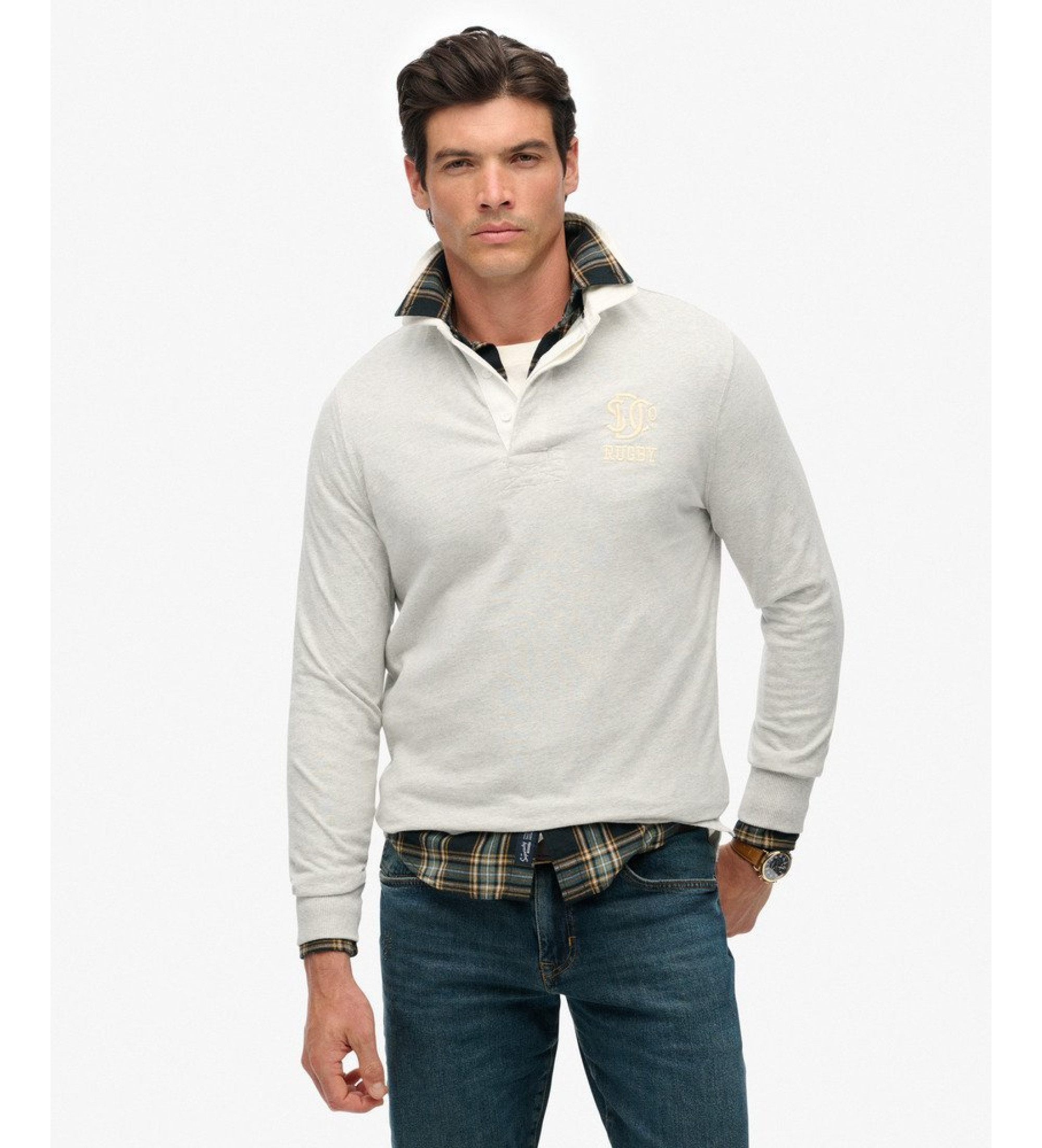 Superdry für Herren. M6010916A Vintage Athletic Rugby graues Poloshirt (L), Lässig, Baumwolle, Langarm