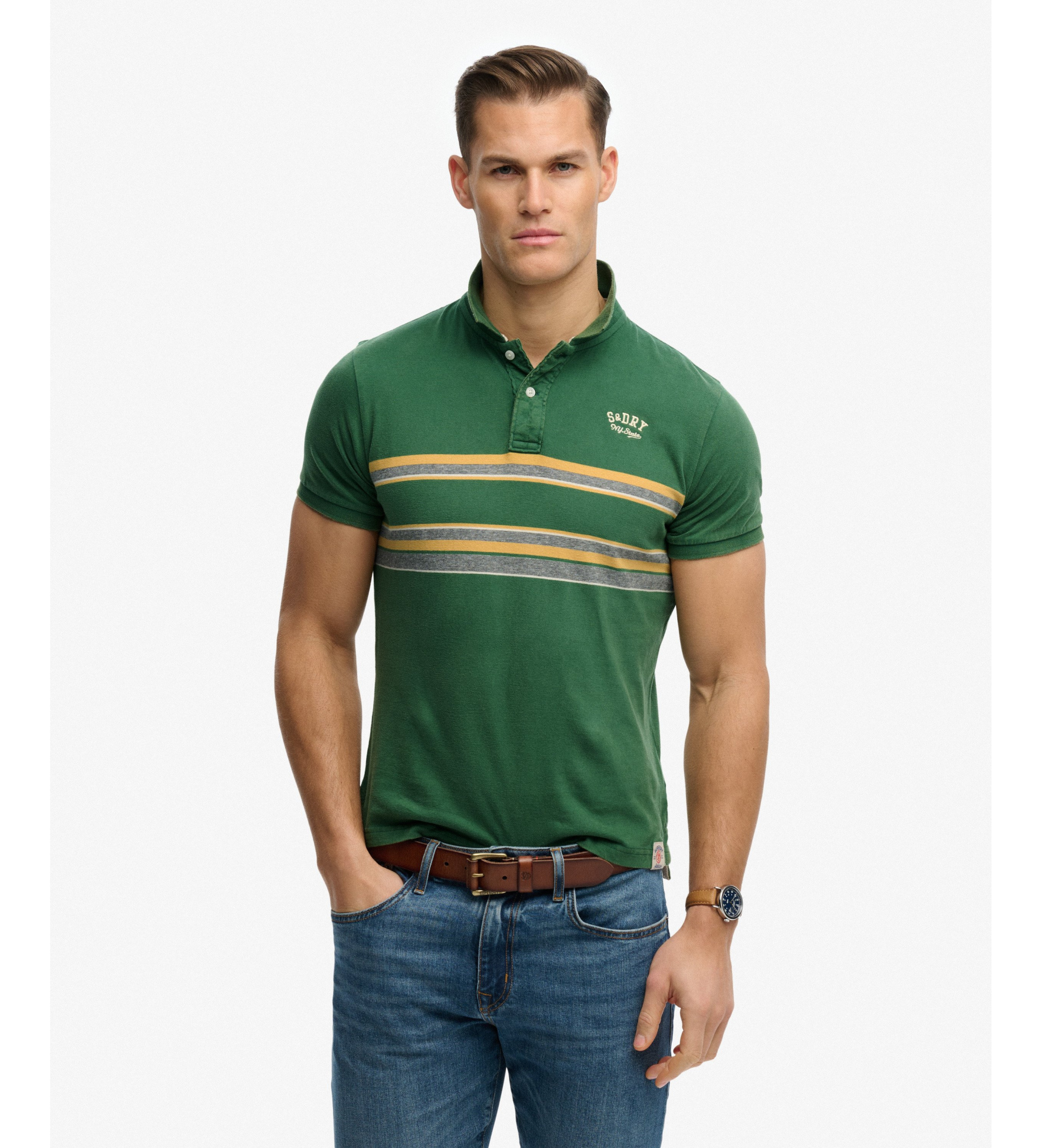 Superdry für Herren. M1110464A Vintage Stripe grünes Poloshirt (M), Lässig, Baumwolle, Kurzarm