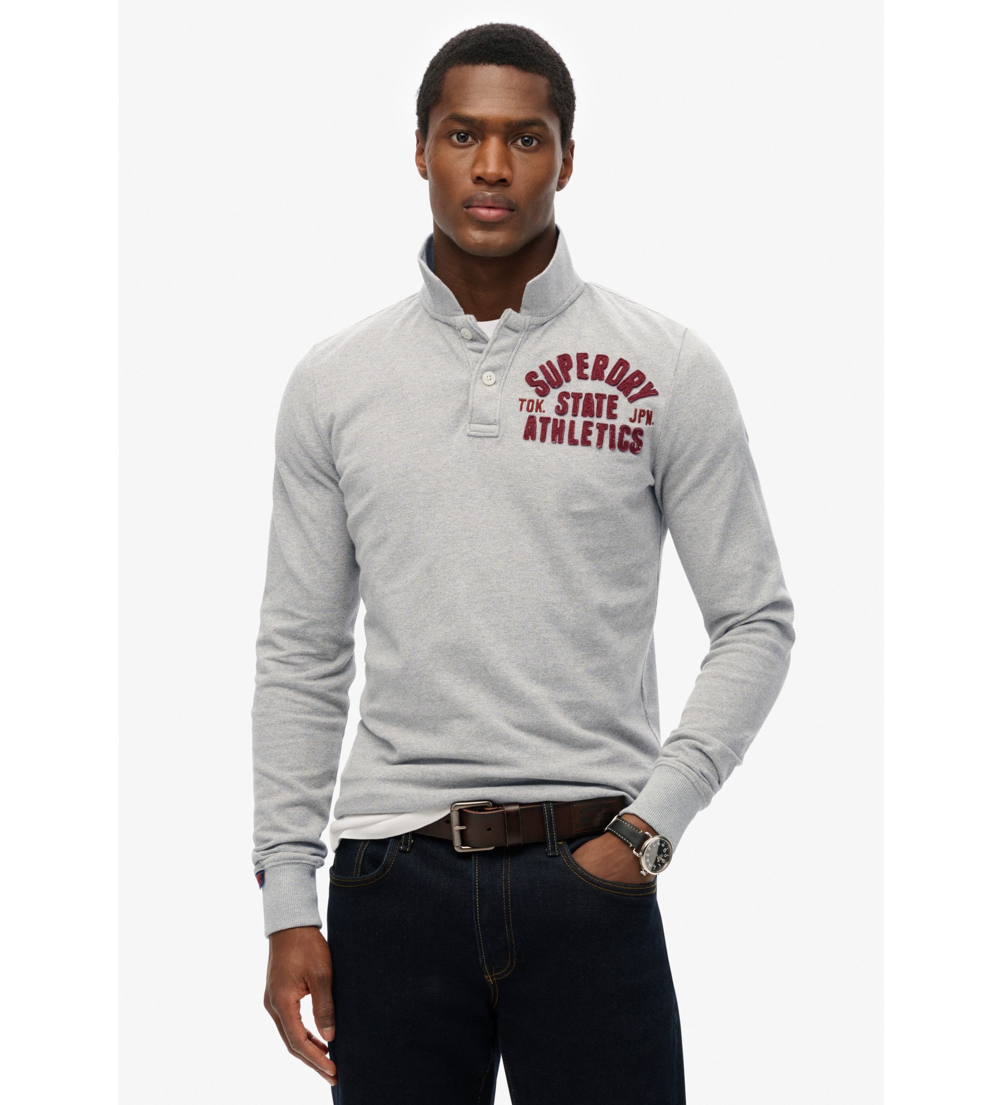 Superdry für Herren. M1110435A Vintage Athletic Langarm-Poloshirt grau (XL), Lässig, Baumwolle