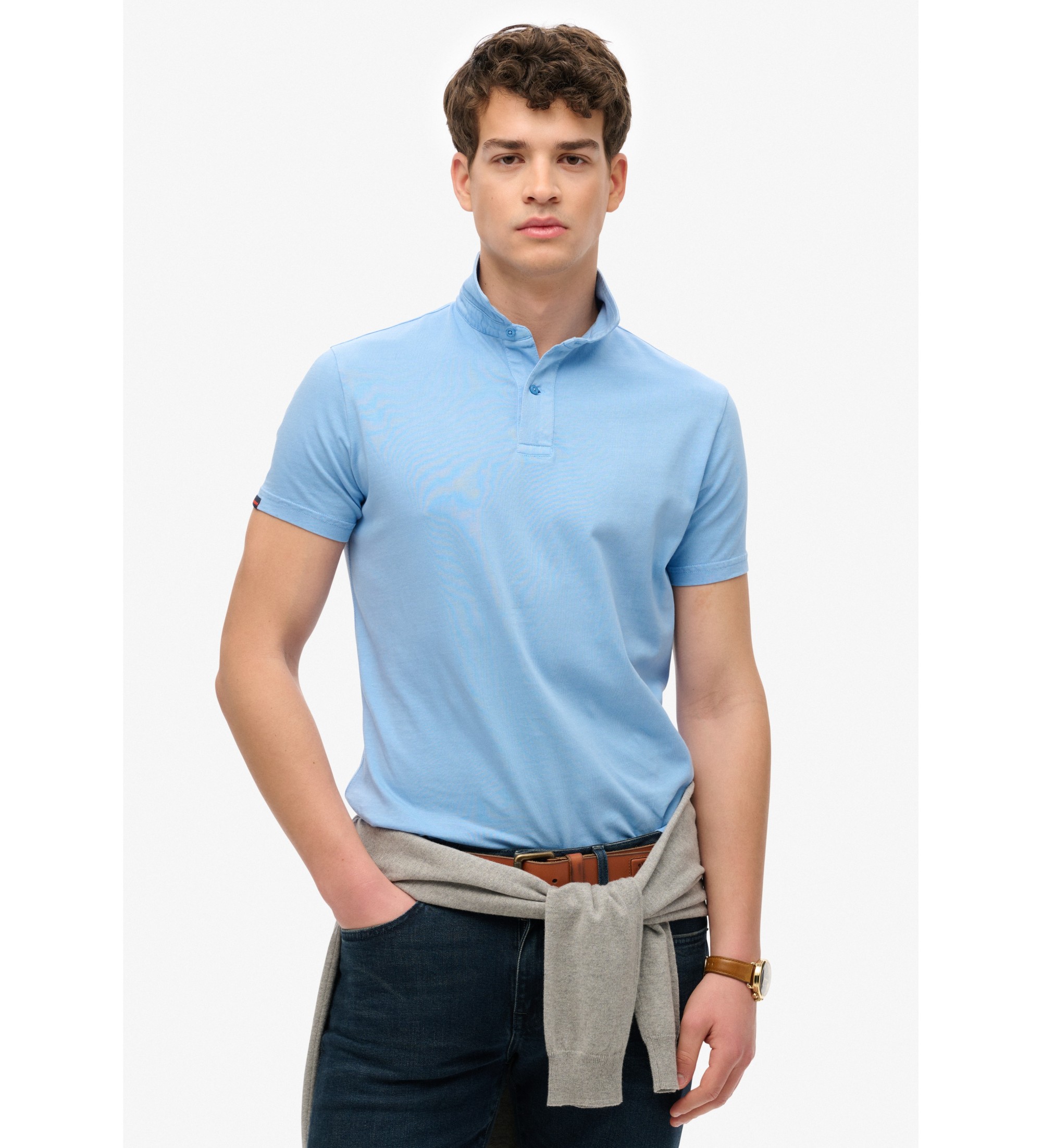 Superdryvoor mannen. M1110440A Essentieel blauw gebreid poloshirt (M), Casual, Katoen, Korte mouwen