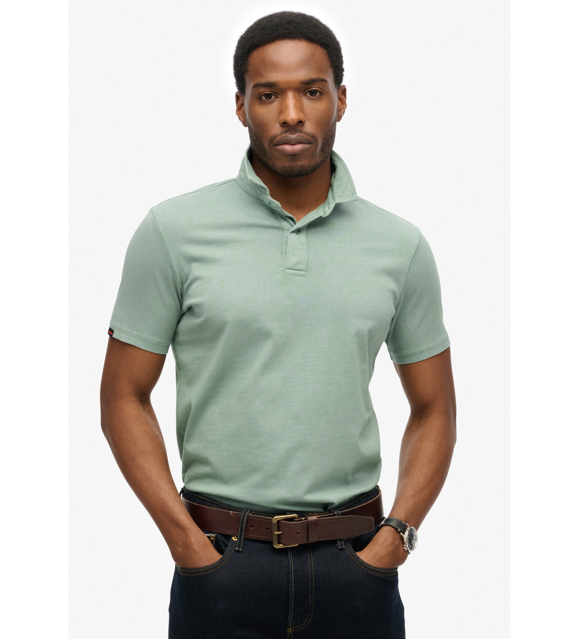 Superdryvoor mannen. M1110440A Essentieel groen gebreid poloshirt (S), Casual, Katoen, Korte mouwen