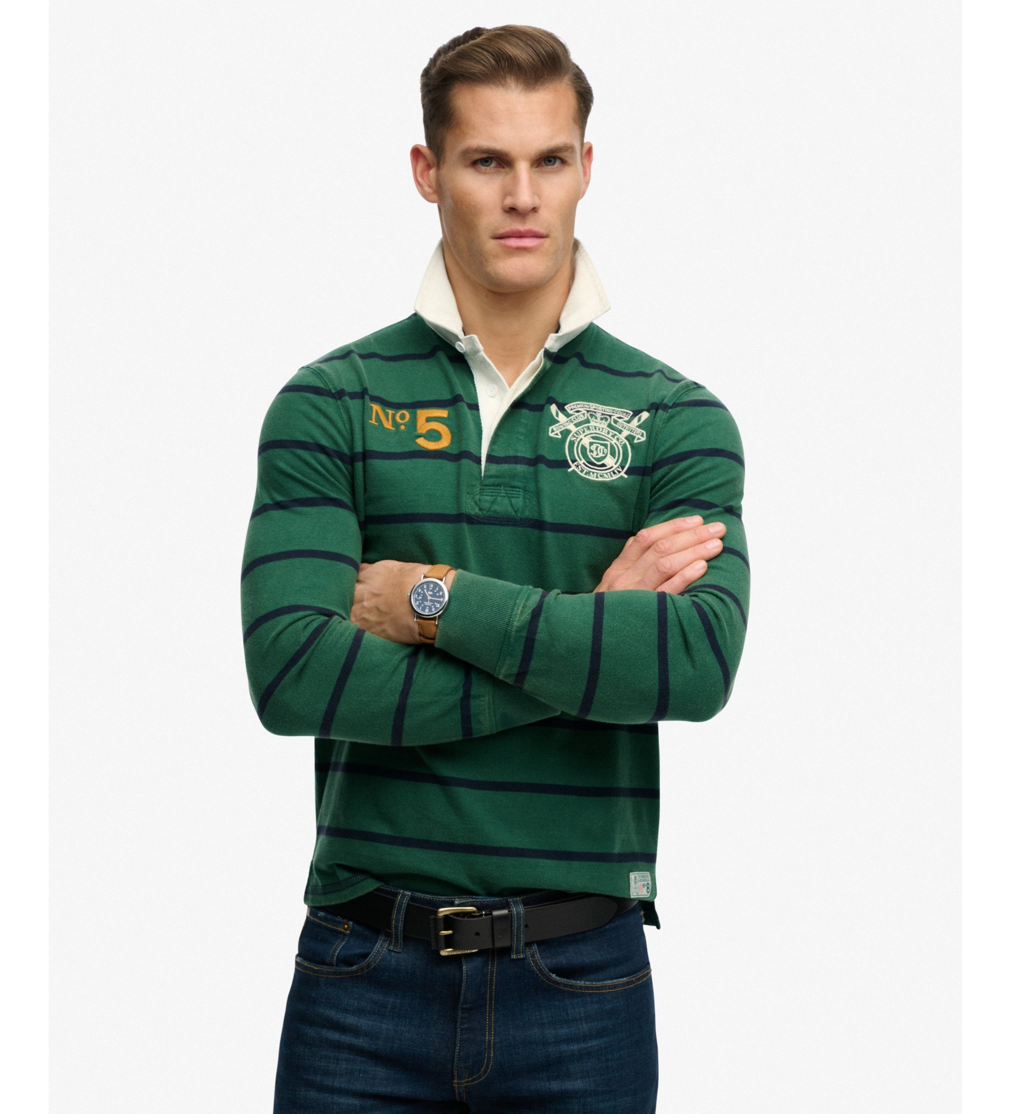 Superdry für Herren. M1110483A Rugby-Poloshirt Double Emblem Stripe Rugby grün (L), Lässig, Baumwolle, Langarm