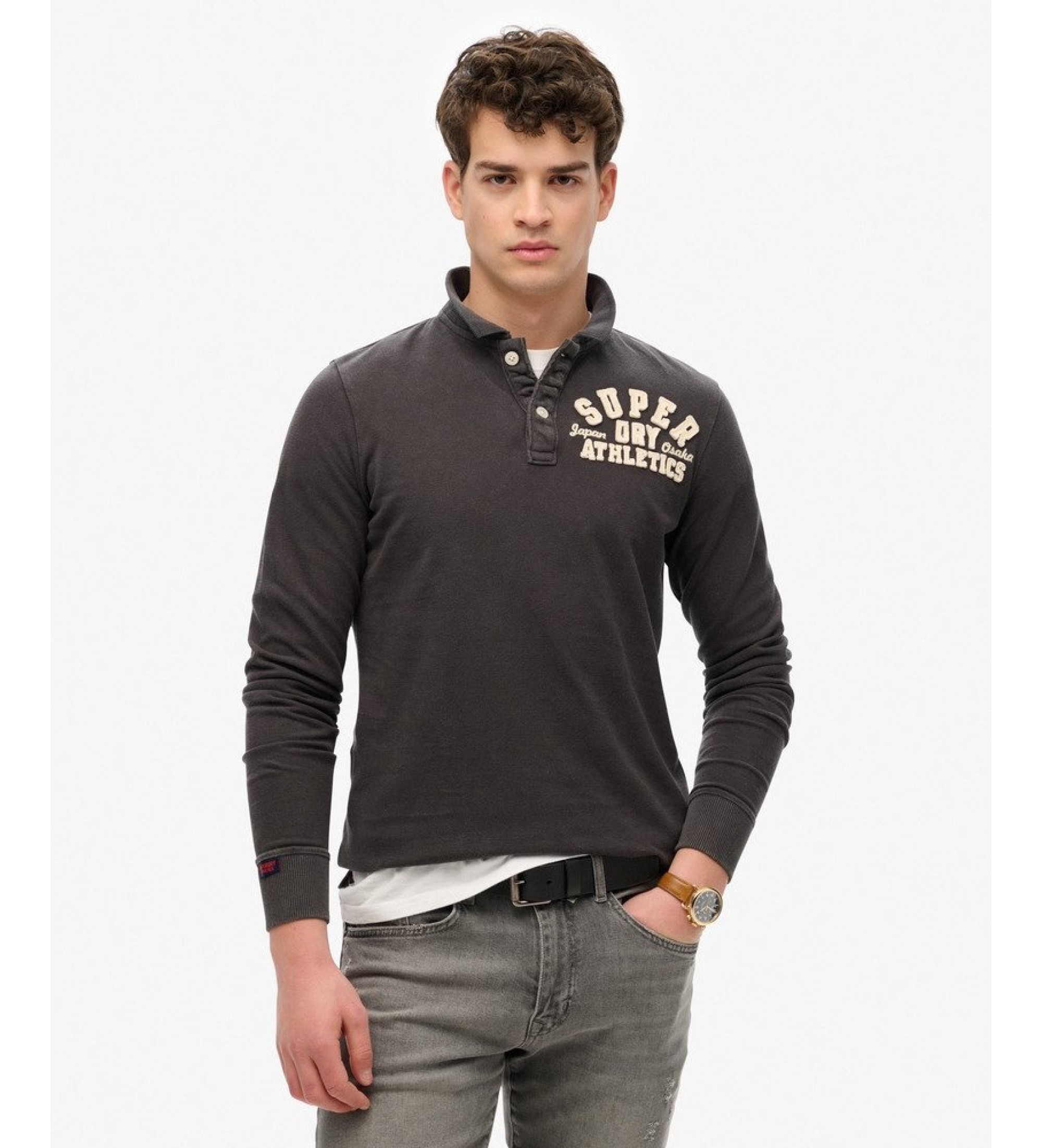 Superdry für Herren. M1110435A Schwarzes Vintage-Sport-Poloshirt (S), Lässig, Baumwolle, Langarm