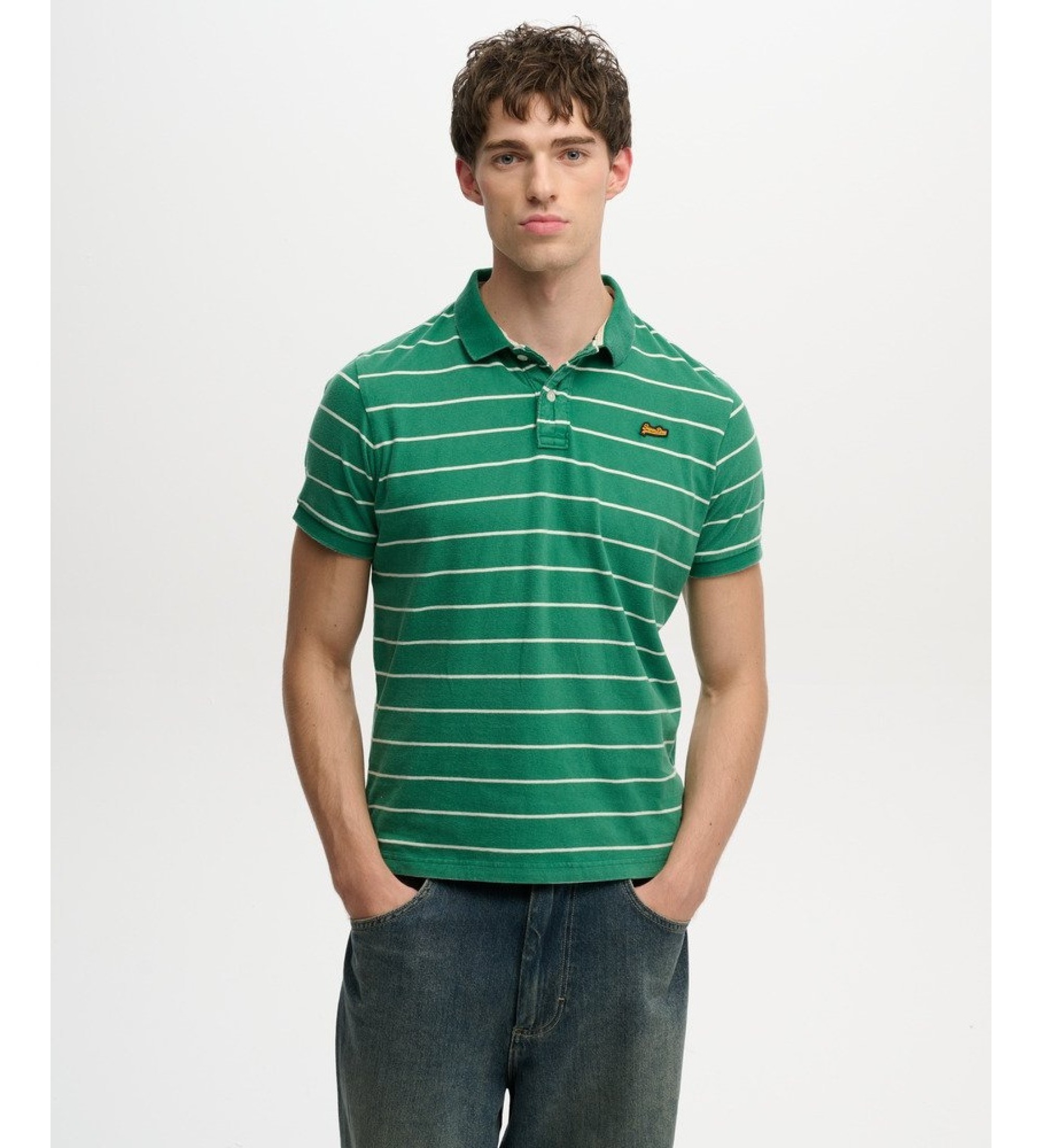 Superdry für Herren. M1110464A Grünes Vintage-Streifen-Polohemd (L), Lässig, Baumwolle, Kurzarm