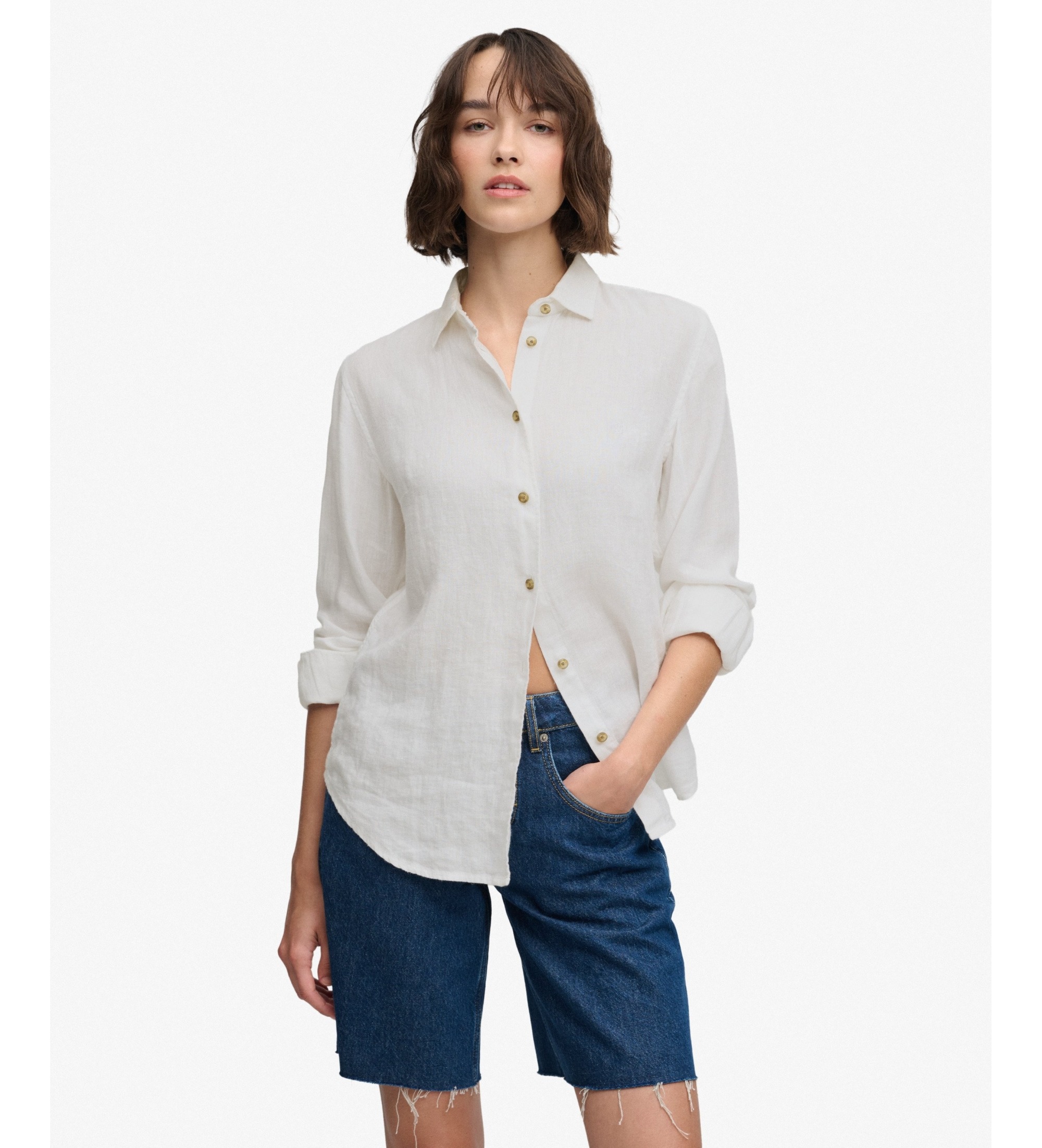 Superdry für Damen. W4010587A Weißes Premium-Leinenhemd (XXS), Lässig, Langarm