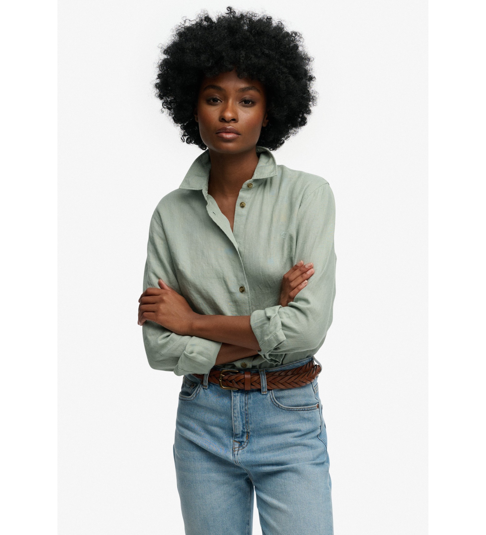 Superdry für Damen. W4010587A Prmium Leinenhemd grün (S), Lässig, Langarm