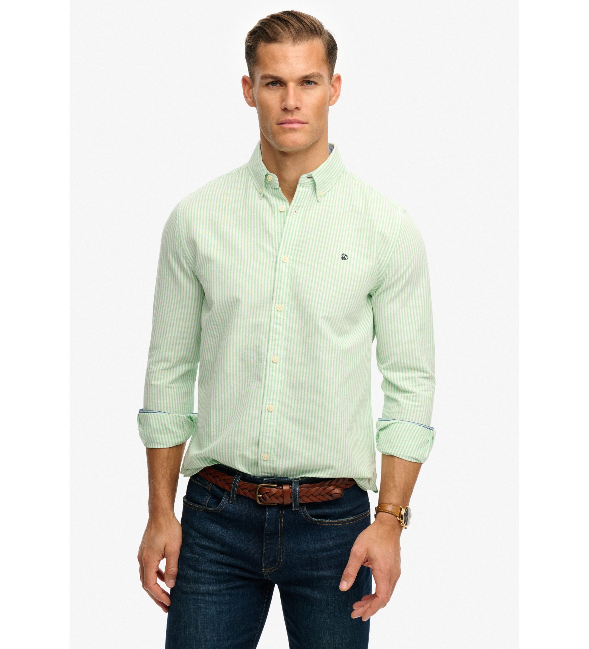 Superdry für Herren. M4011100A Preppy Oxford Hemd grün (L), Lässig, Baumwolle, Klassisch, Langarm