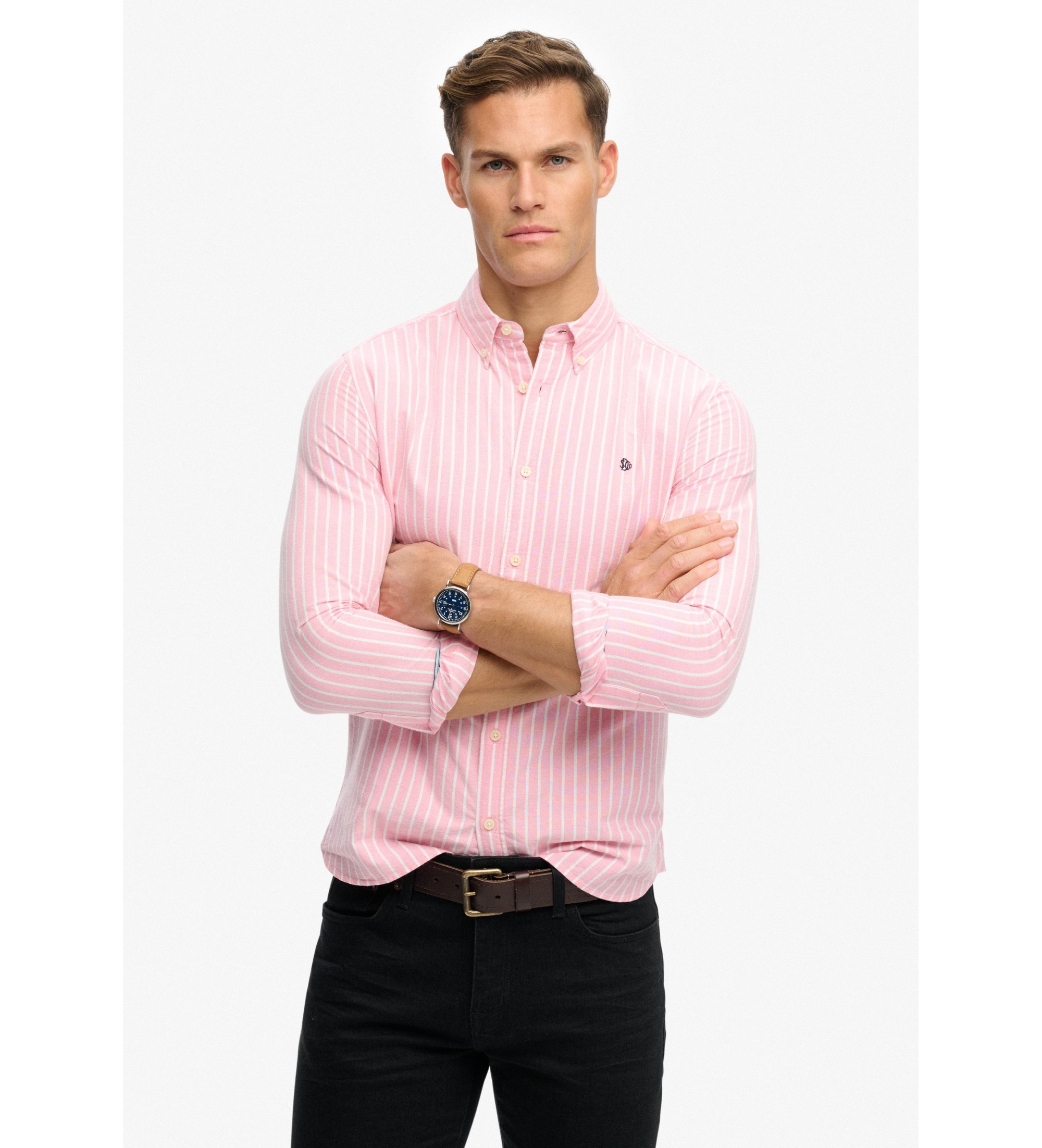Superdryvoor mannen. M4011100A Preppy roze oxford overhemd (M), Casual, Katoen, Klassiek, Lange mouwen